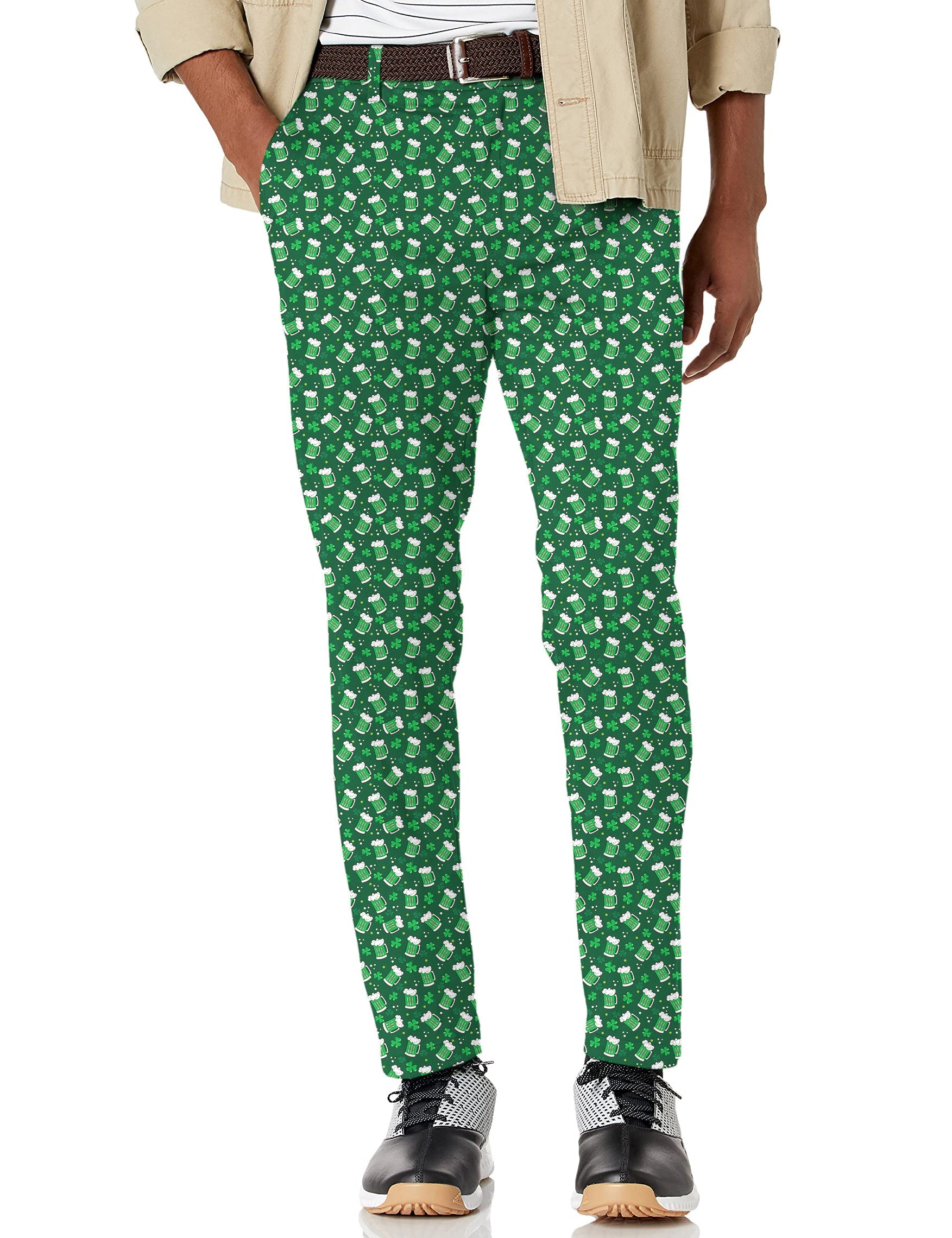 Men's green beer clover leaf St Patrick's Day stretch golf pants with moisture-wicking fabric and active waistband
