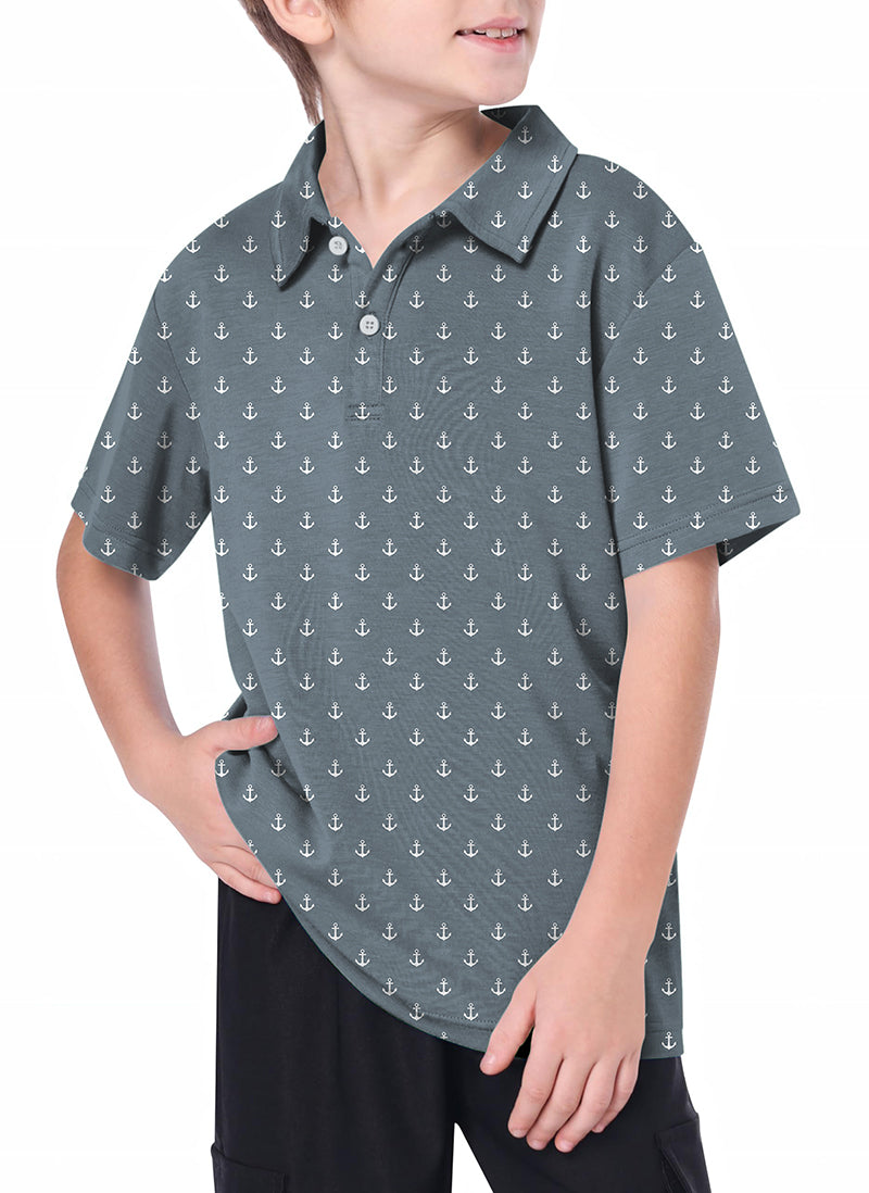 Youth gray anchor golf polo with 4-way stretch and moisture-wicking fabric on a boy model