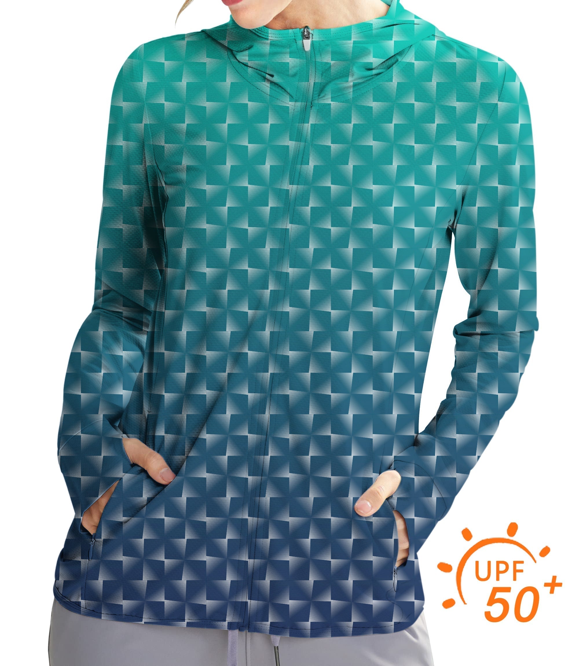 Women's outdoor sport zip hoodie with cyan gradient and UPF 50+ sun protection