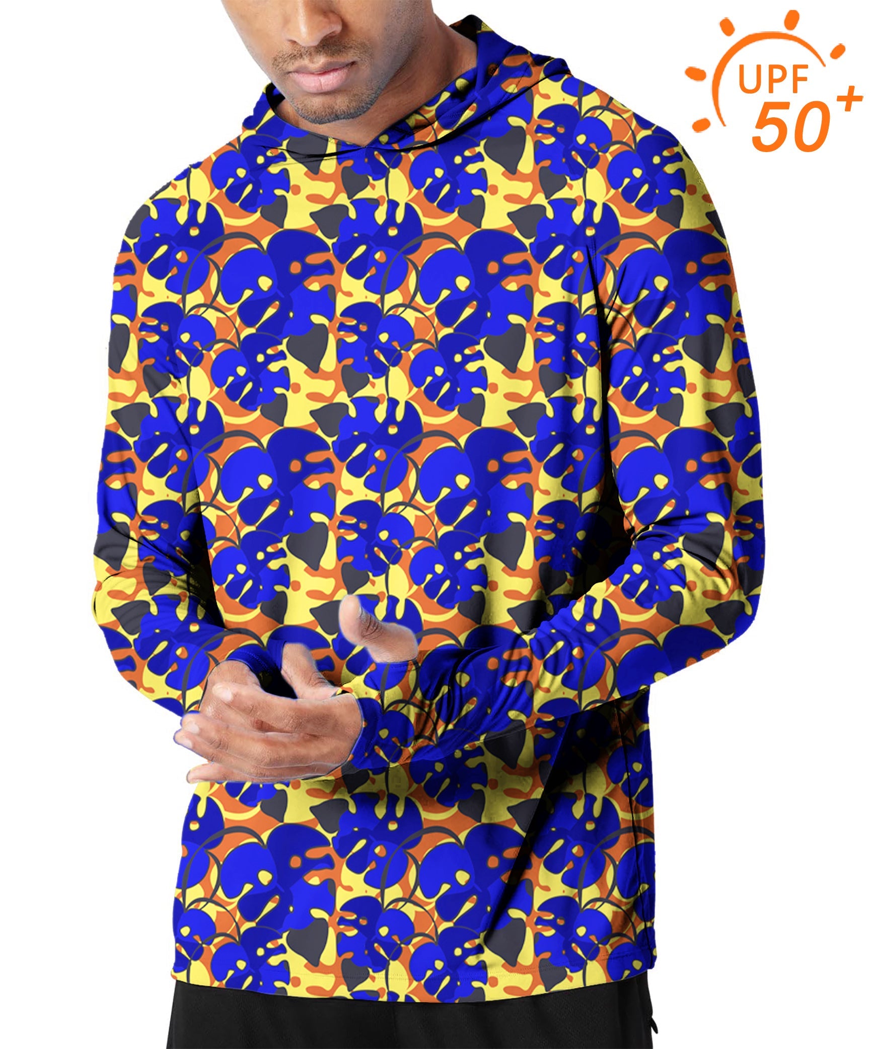 Men's outdoor slim fit hoodie with tropical leaves print and UPF 50+ sun protection