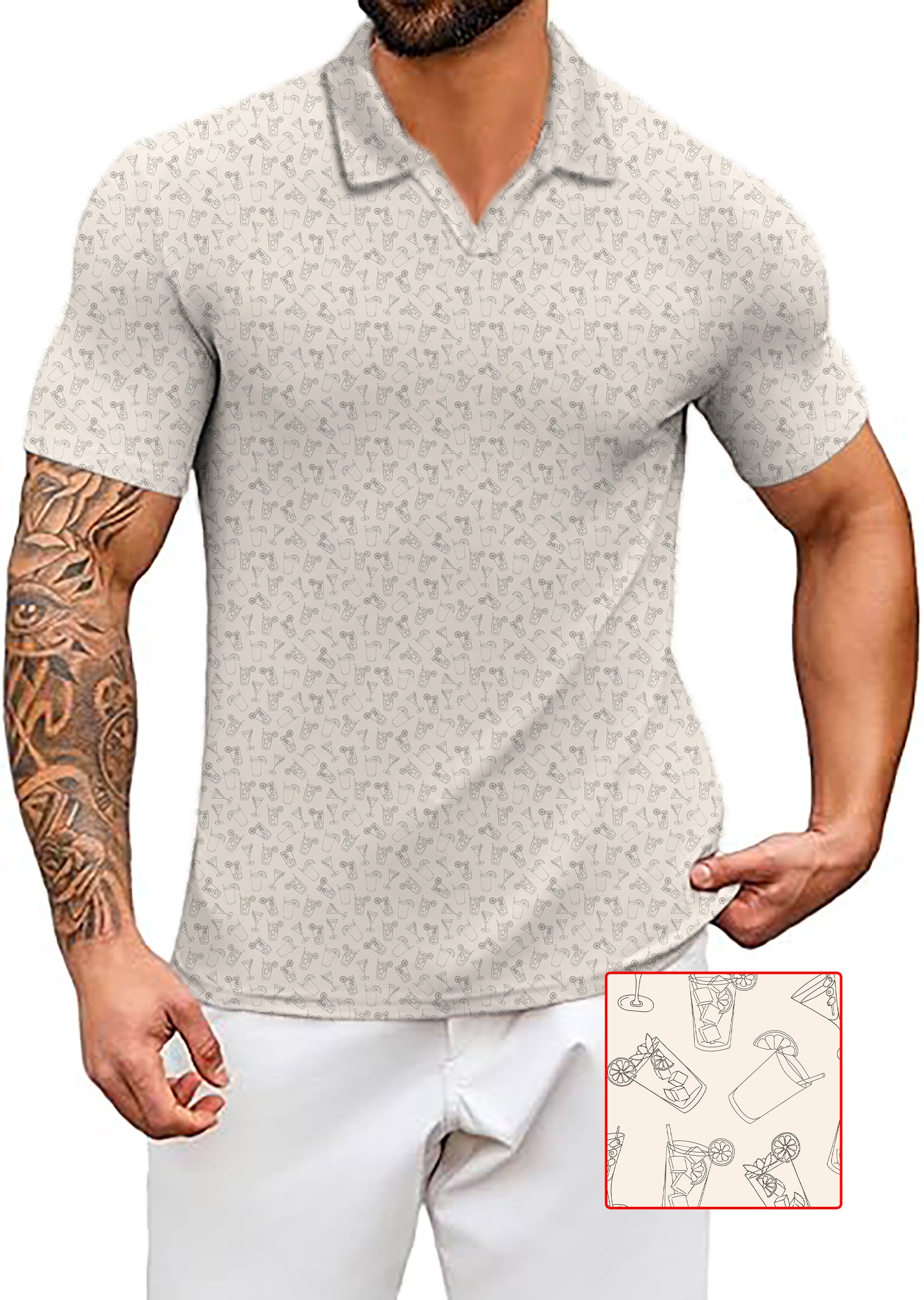 Men's Coconut Palm Navy Blue ink dots beige short sleeve polo shirt with stretch and UV protection