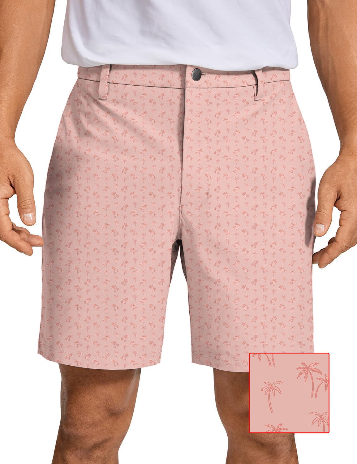 Men's pink golf shorts with subtle coconut tree pattern made of quick-dry, lightweight fabric
