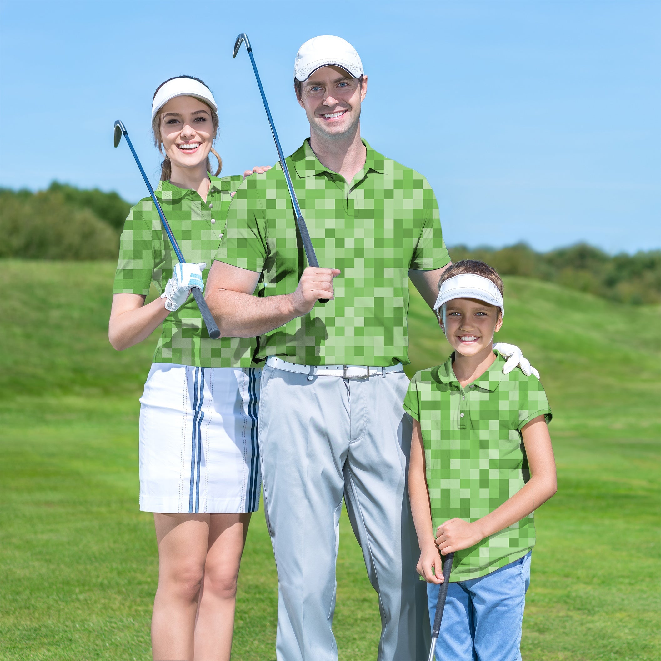 Family wearing light green pixel pattern golf shirts holding clubs on golf course