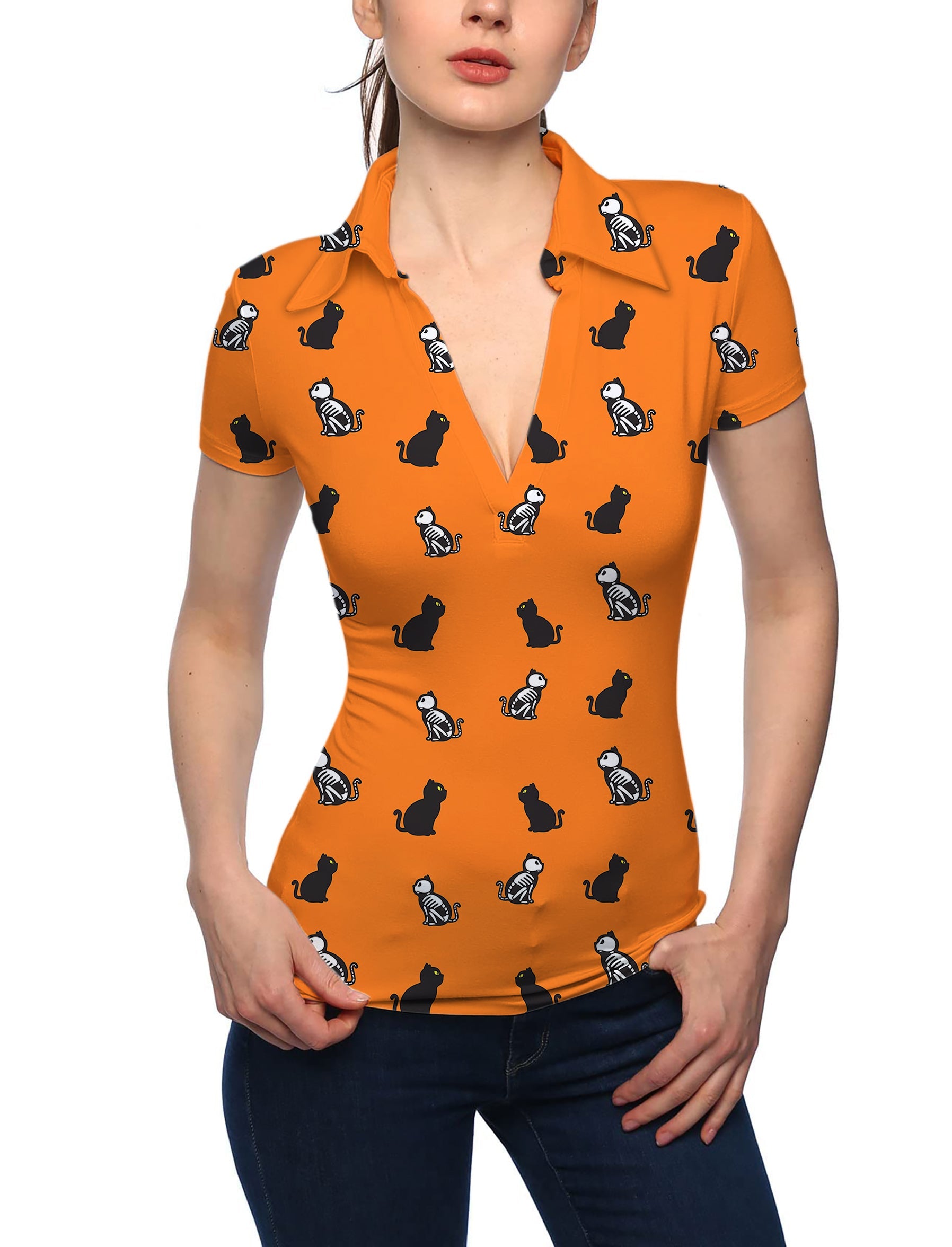 Women's Halloween skull cat print orange V-neck golf polo shirt with stand collar and short sleeves