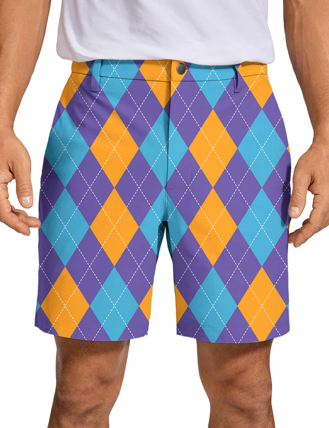 Men's purple orange blue argyle golf shorts made of quick-dry, breathable fabric with two-way stretch and wrinkle-free design
