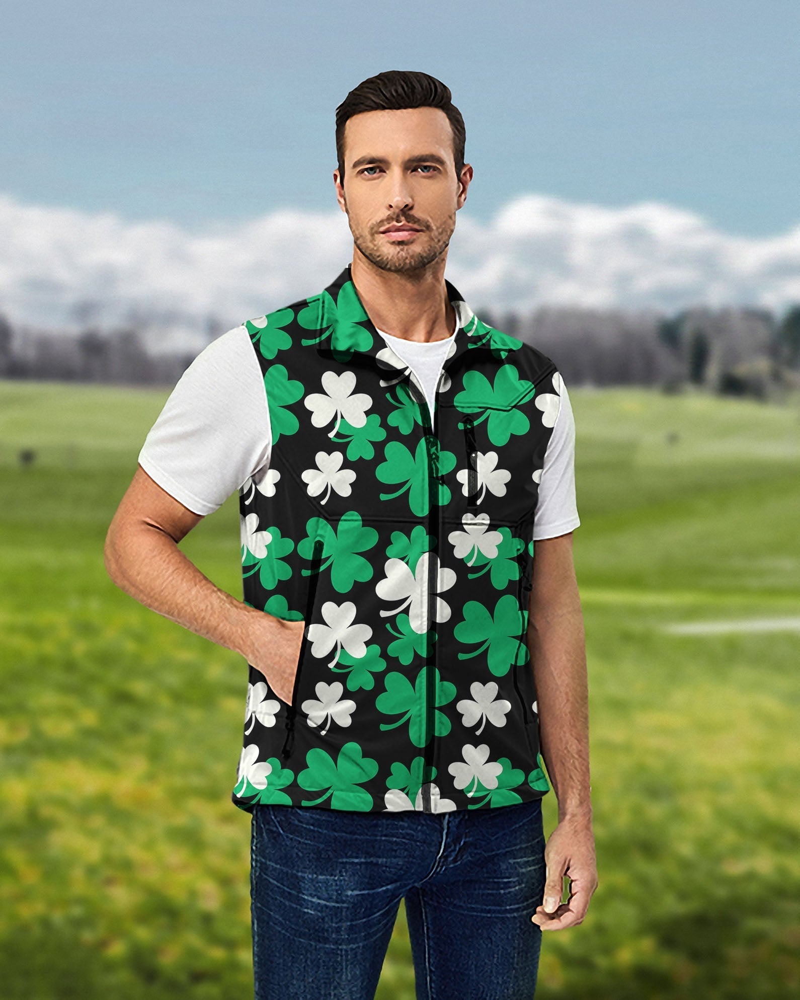 Men's leaf clover sleeveless softshell vest for golf, lightweight, windproof, and waterproof jacket