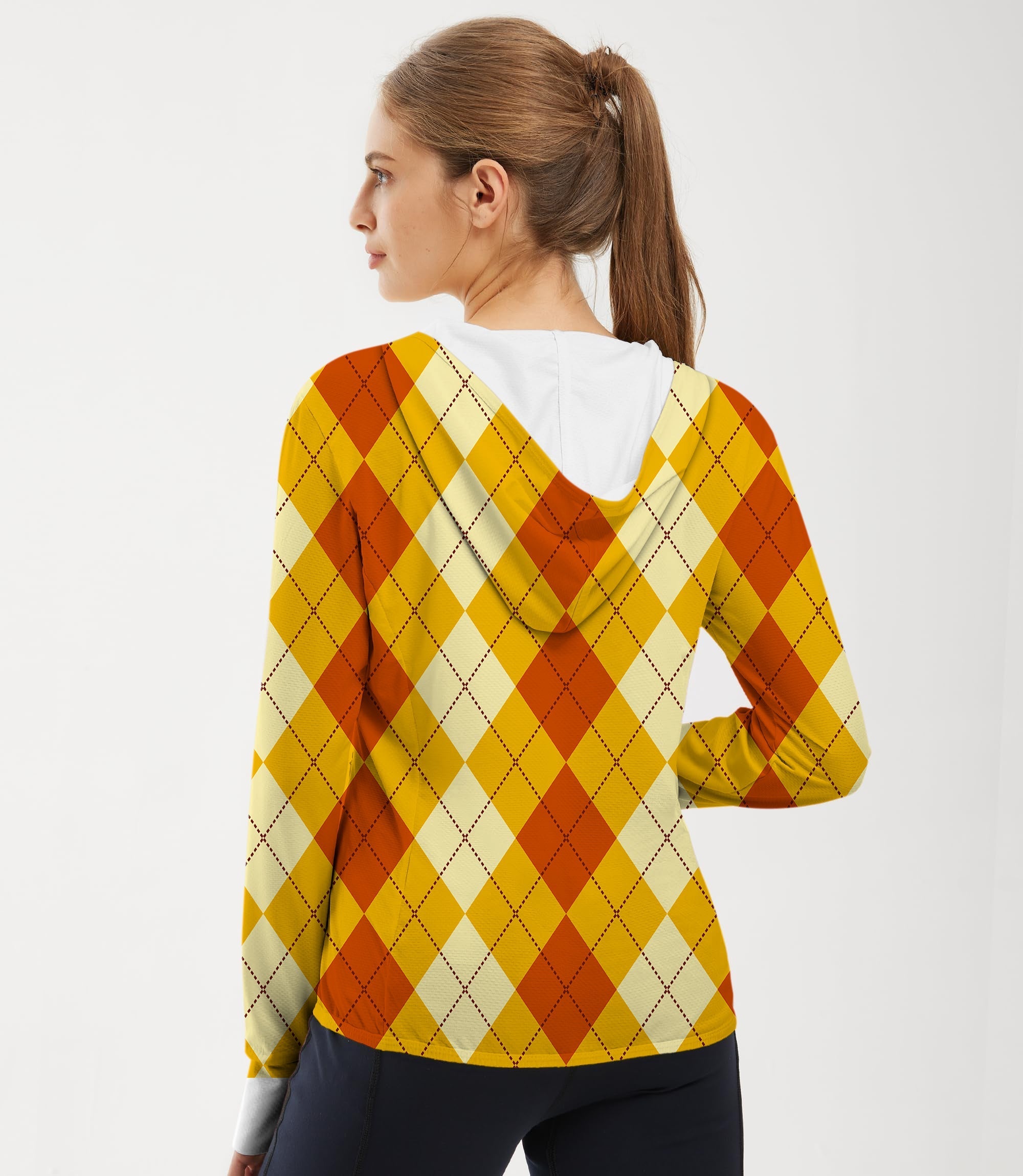 Women's outdoor Halloween light yellow and red argyle golf sun protection slim fit zip hoodie with breathable, quick-dry fabric and UPF 50+ UV protection