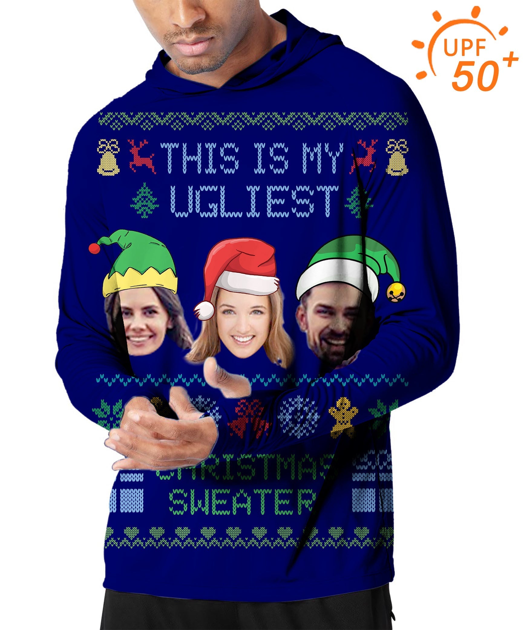 Men's outdoor navy Christmas custom face golf sun protection slim fit hoodie with UPF 50+ and personalized prints