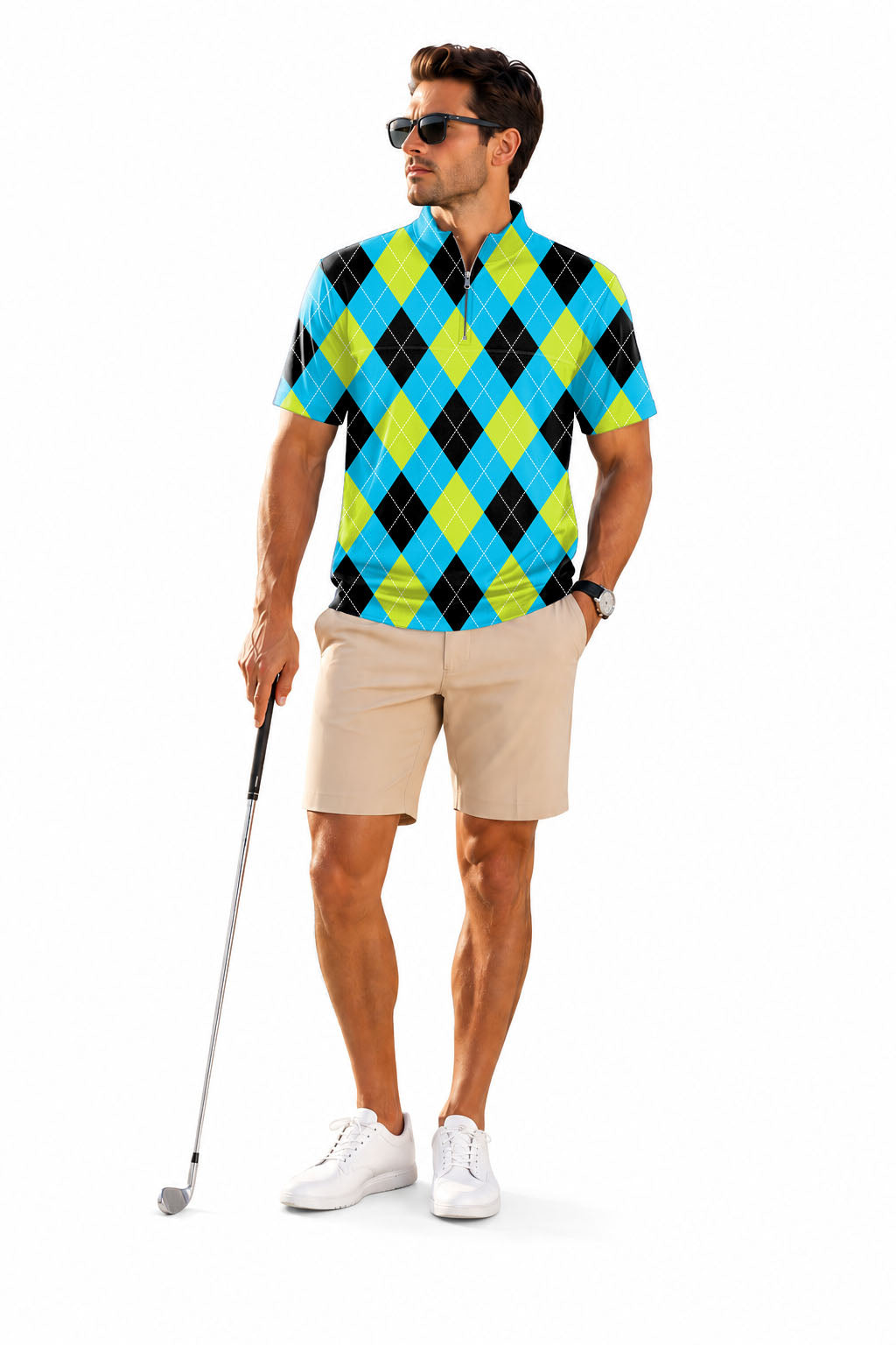 Men's Short Sleeve Quarter Zip Golf Pullover Halloween Black Green Blue White Argyle Embroidery