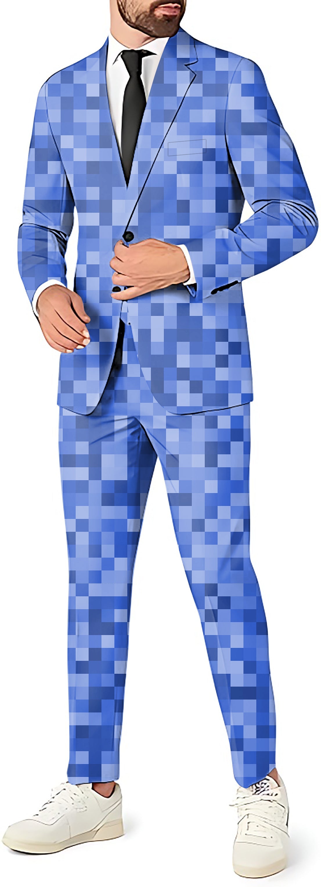Navy blue pixel big men's blazer, pants, and vest party suit set