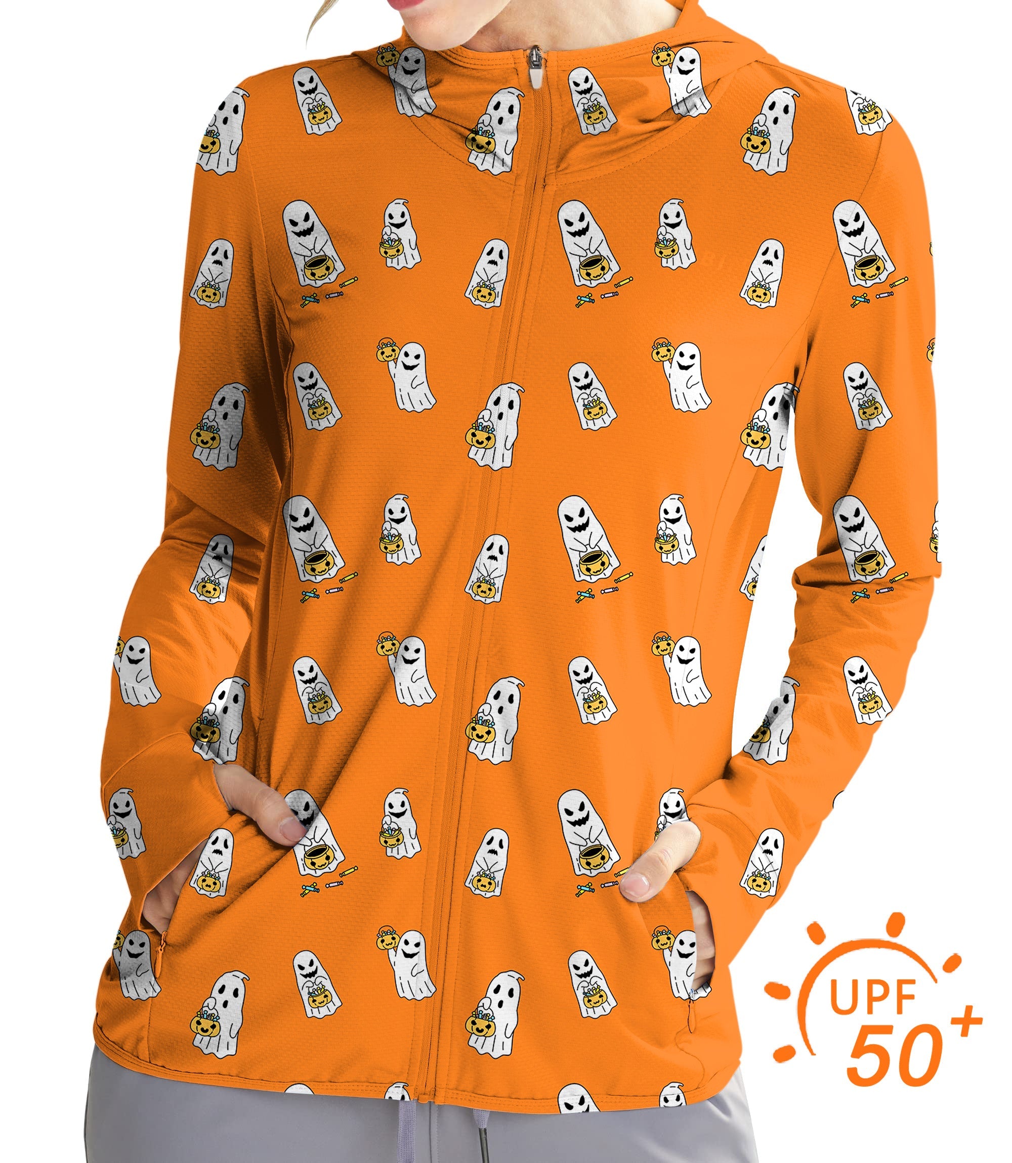Women's outdoor Halloween ghost pumpkin print slim fit sun protection zip hoodie