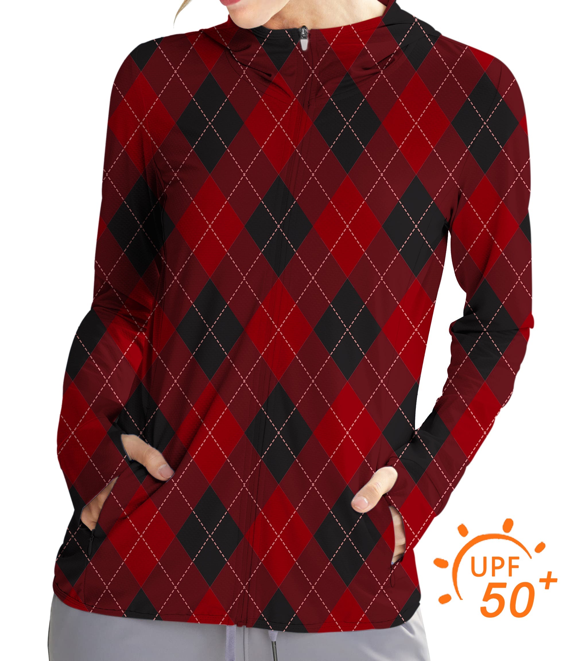 Women’s outdoor red argyle zip hoodie with UPF 50+ sun protection and thumb holes for golf and activities