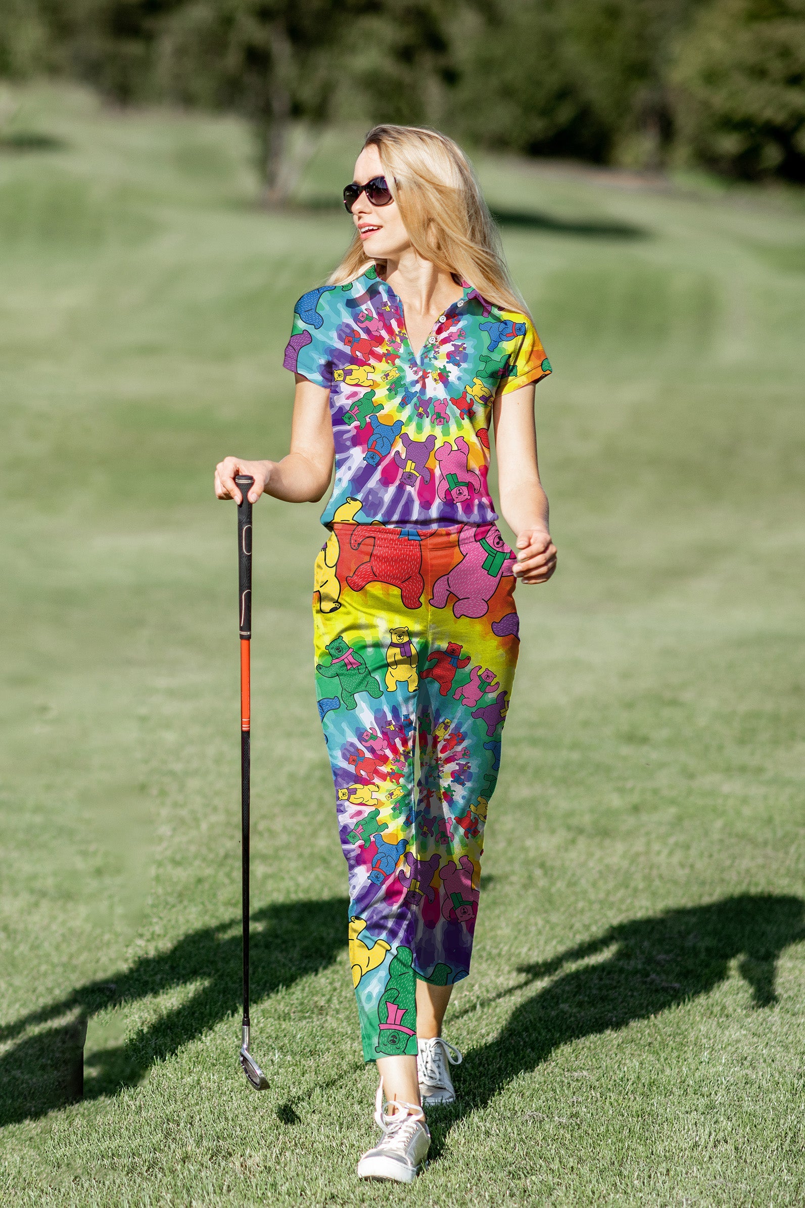 Women's golf polo and pants set with kaleidoscope bear pattern, stretchy, moisture-wicking, and UV-protective fabric
