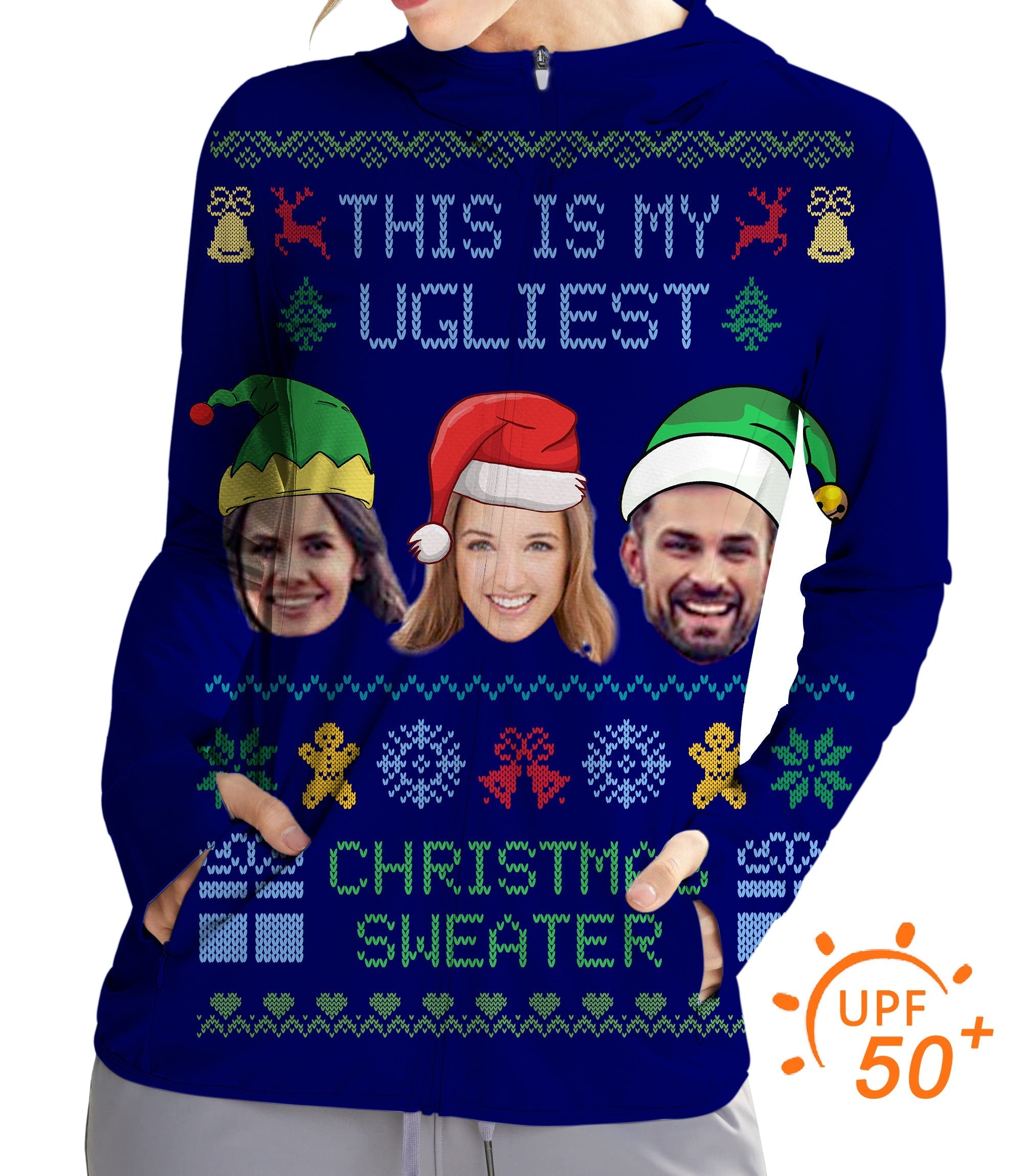 Women's outdoor navy Christmas custom face golf sun protection slim fit zip hoodie with UPF 50+ and festive design