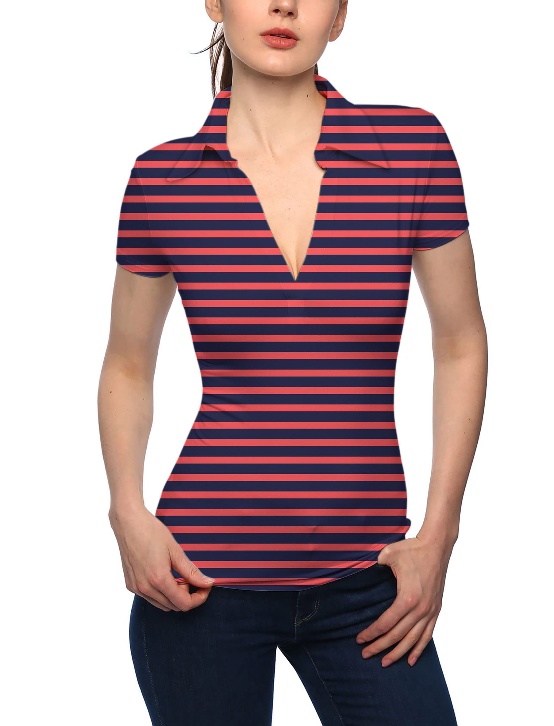 Women's Navy Red Stripes V Neck Golf Polo