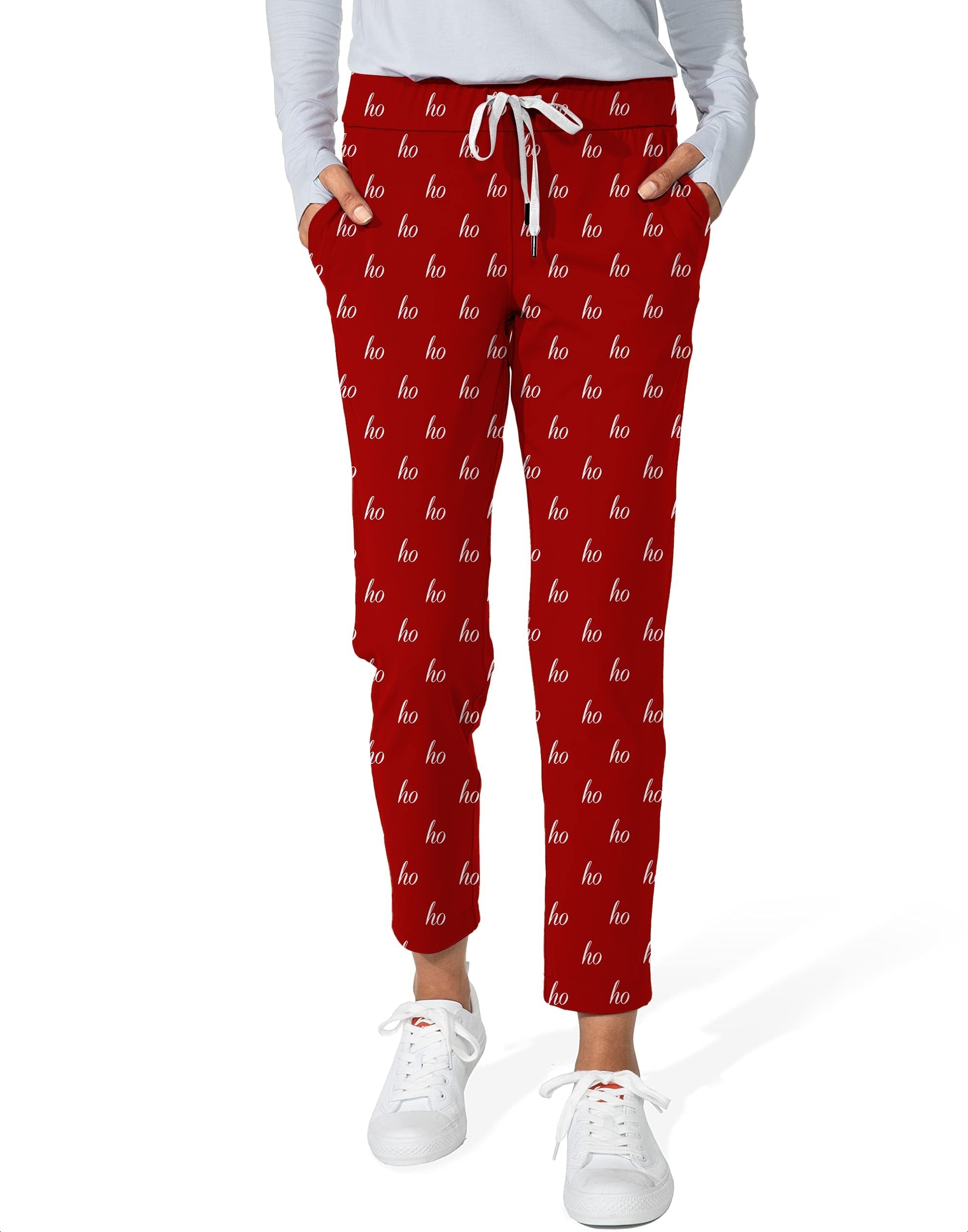Red custom name women's 7/8 stretch ankle golf pants with ho ho print, nylon-spandex fabric, elastic waistband, and side pockets for casual and athletic wear.