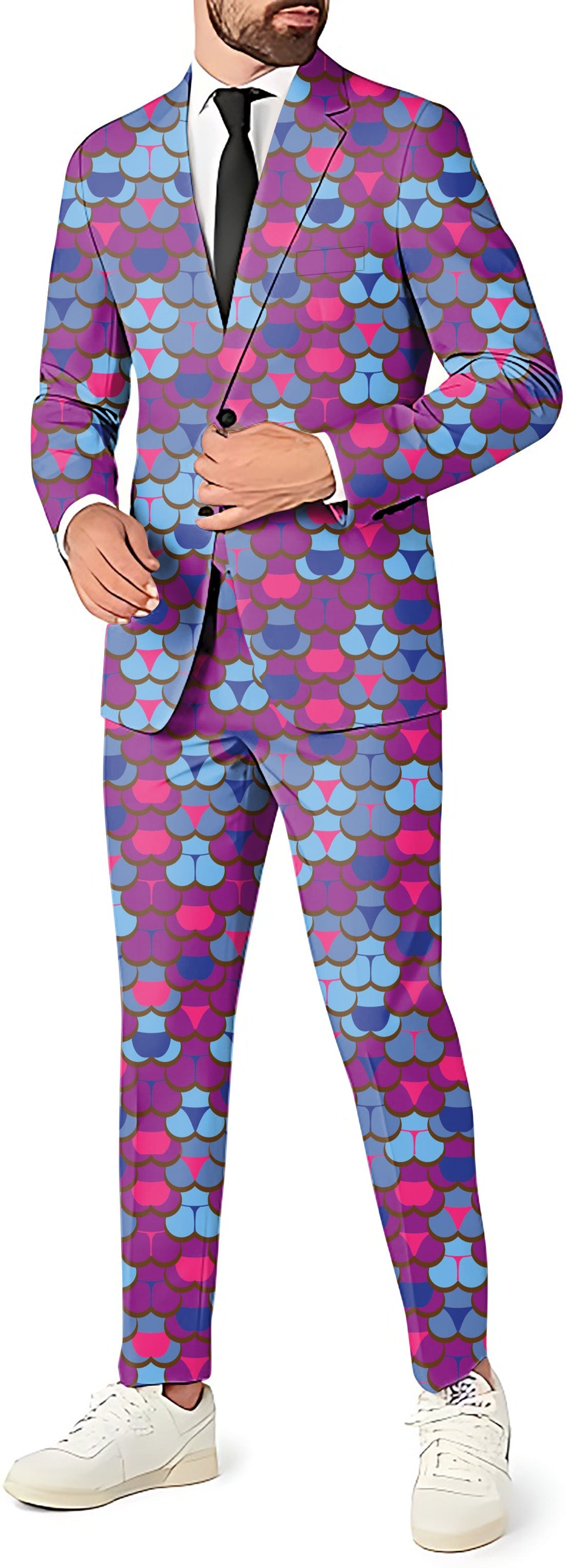 colorful men's party suit with blazer, pants, and vest in purple, pink, and blue scale pattern