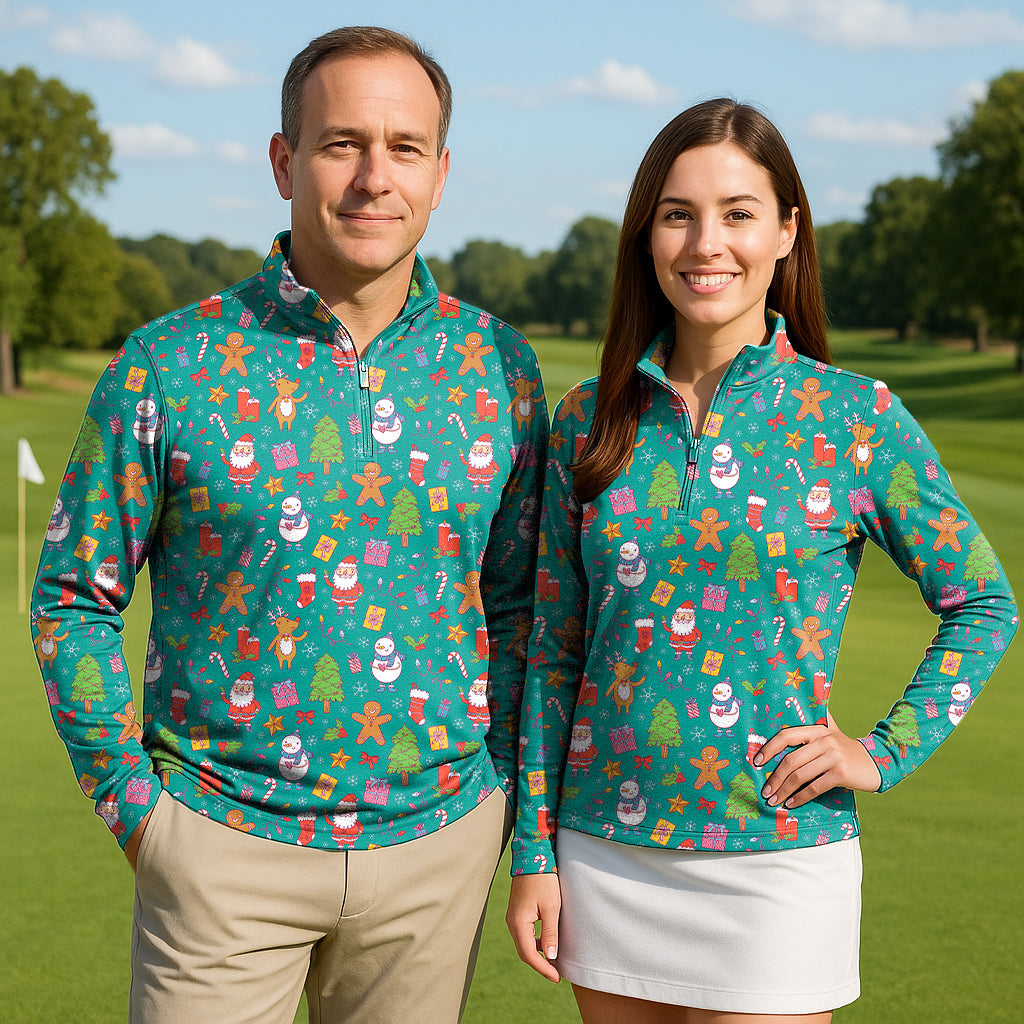 Merry Christmas couple wearing festive golf active 3/4 zip tops with holiday-themed prints on a sunny golf course