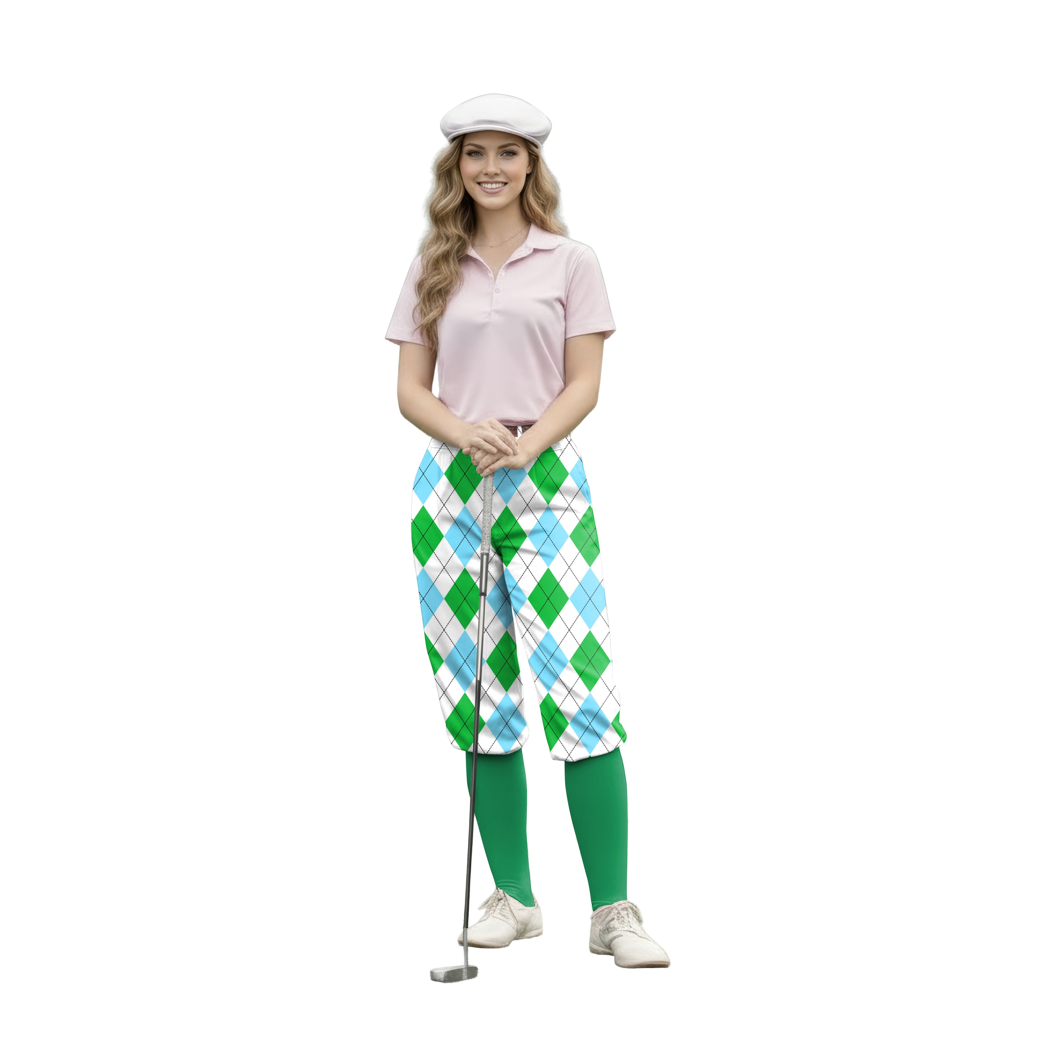 Woman wearing green diamond grid golf knickers pants with green socks and pink polo shirt playing golf