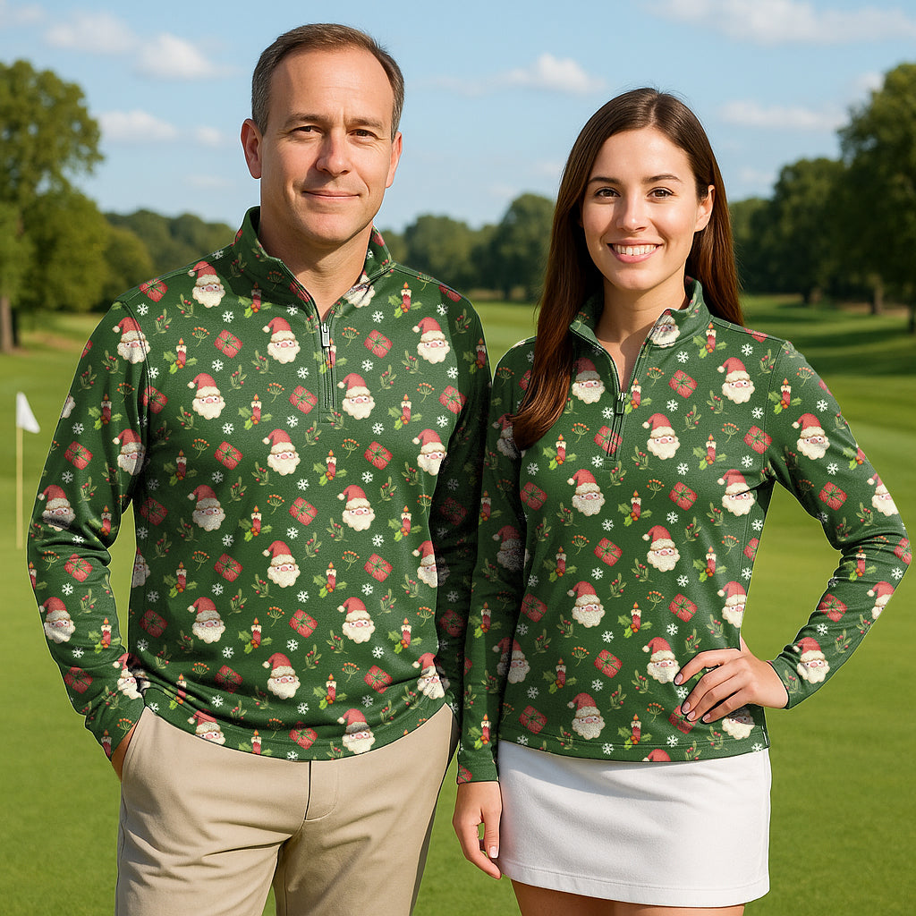 Marry Christmas Gift couple golf active 3/4 zip top with long sleeves and festive print