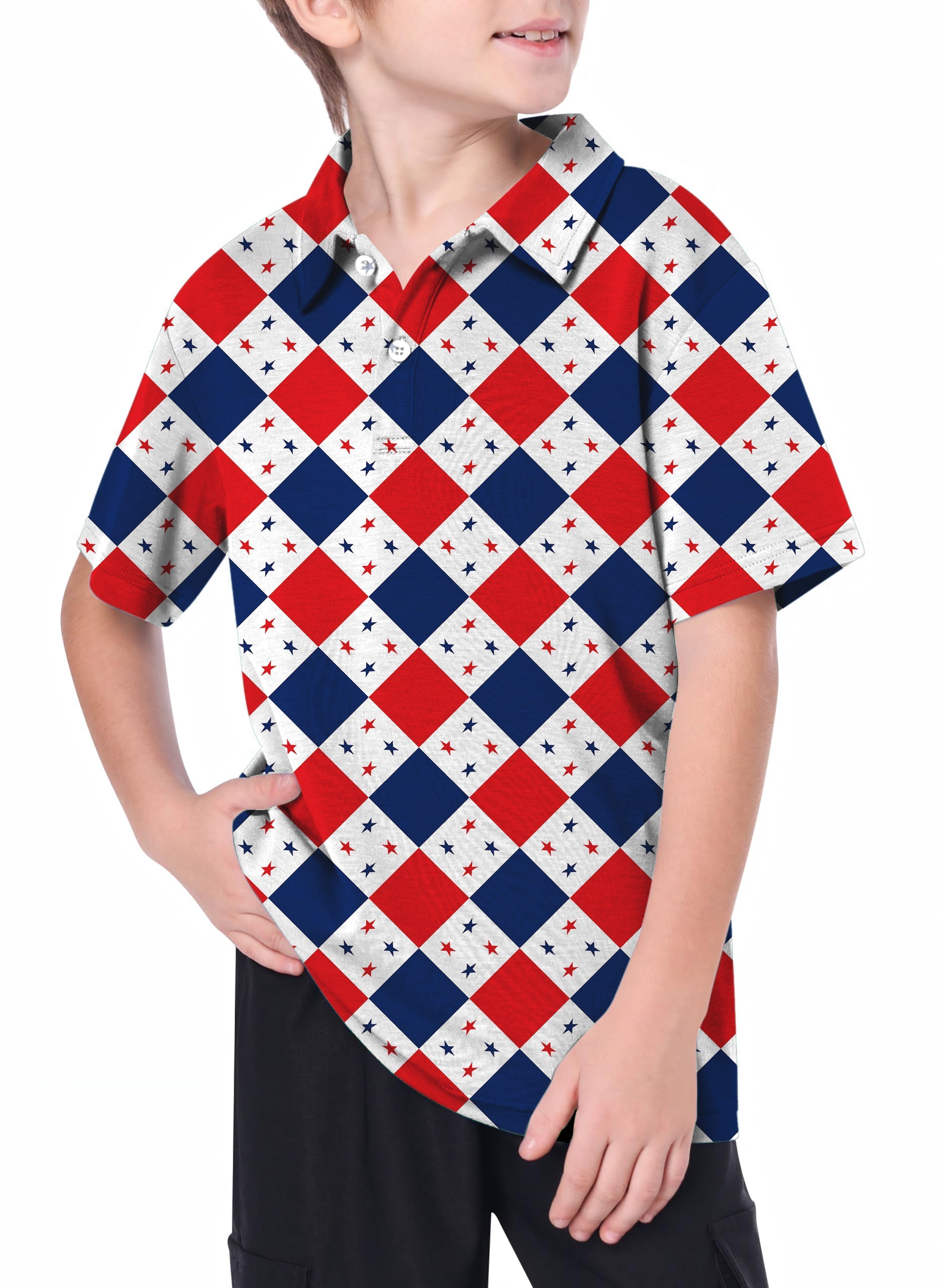 Youth Women's Outdoor golf polo with US star flag argyle pattern, moisture-wicking and UPF 40+ protection