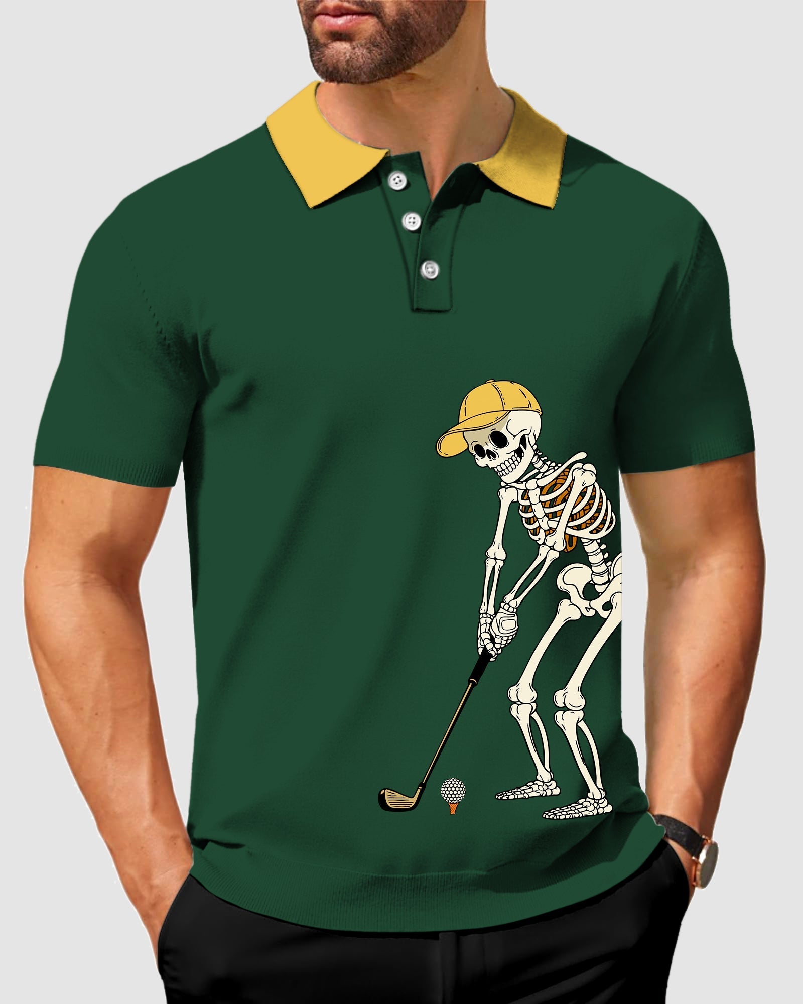 Men's yellow green Halloween skeleton golf polo shirt with four-way stretch and moisture-wicking fabric