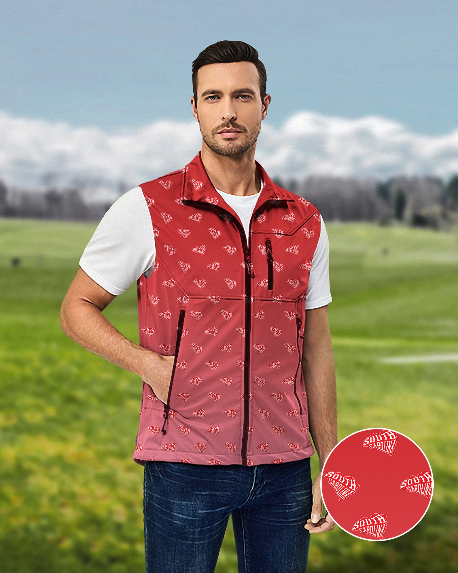 Men's Red South Carolina Lightweight Softshell Vest Sleeveless Jacket for Golf Windproof Waterproof