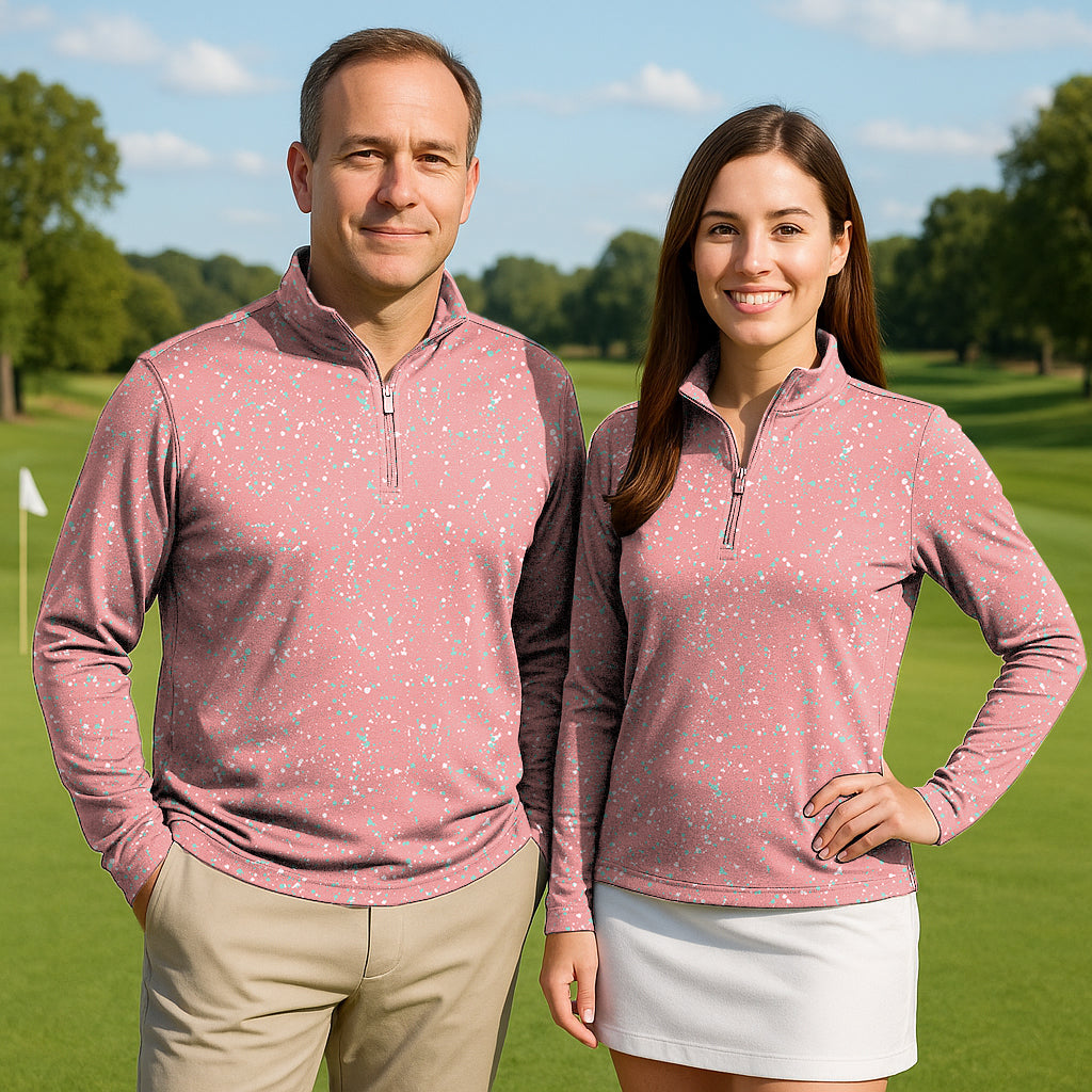 Paint Splatter Couple Golf active 3/4 zip tops with long sleeves on a golf course