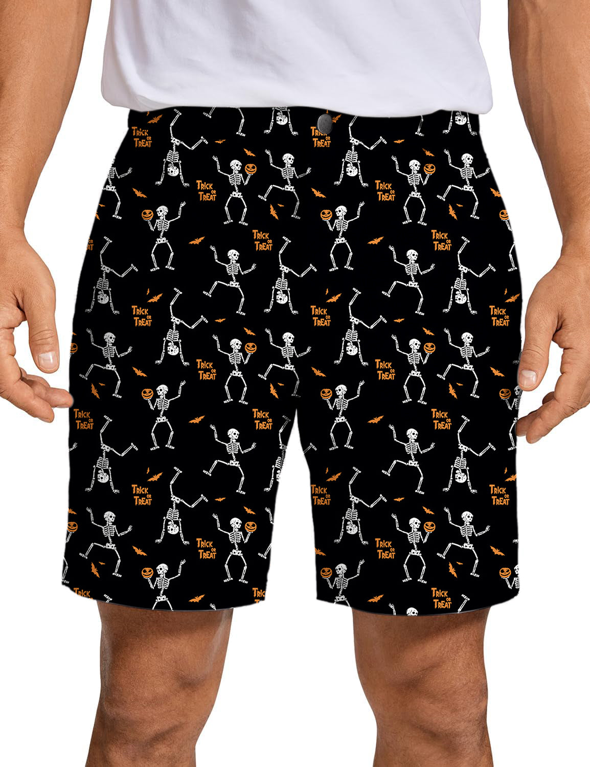 Men's Halloween dancing skeletons golf shorts with quick-dry, lightweight fabric and festive skeleton print
