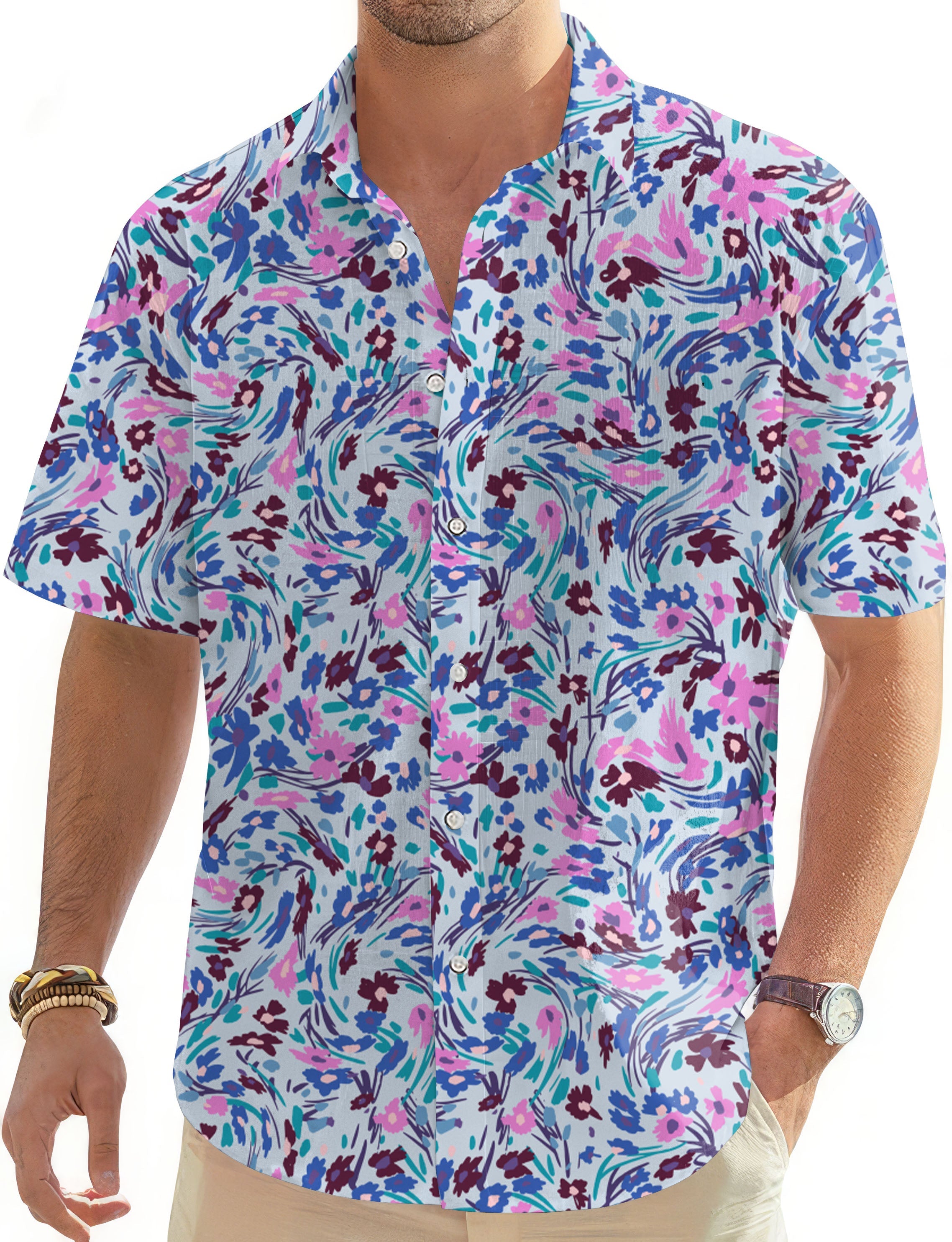 Men's Golf Hawaiian shirt with colorful floral print, short sleeves, and button-down style