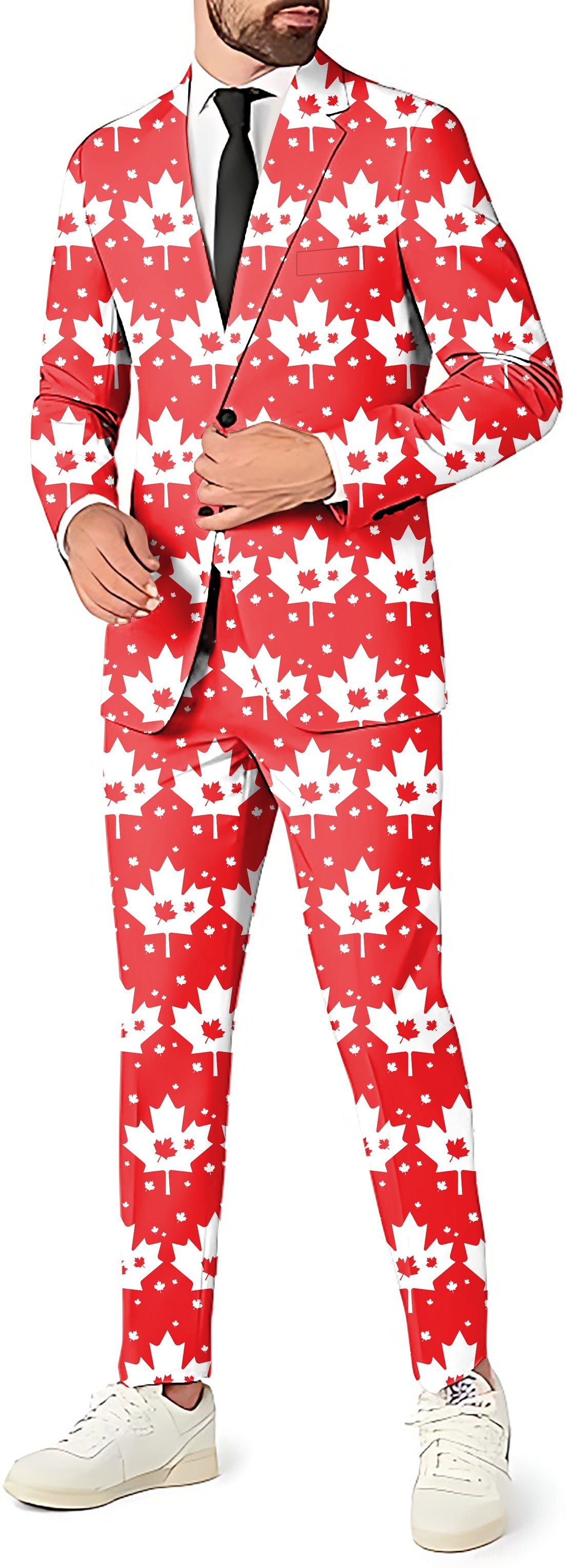 Canadian Maple Leaf men’s party suit set with blazer, pants, and vest for themed events