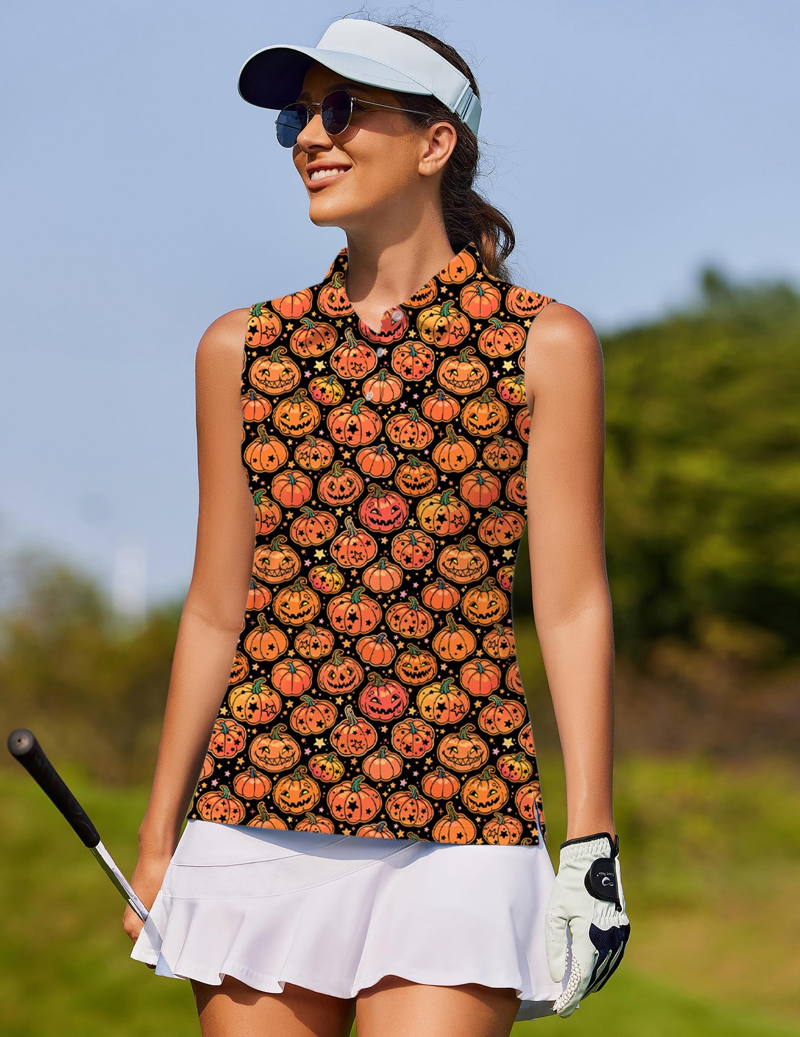 Women's sleeveless golf shirt with Halloween star pumpkin pattern and collar