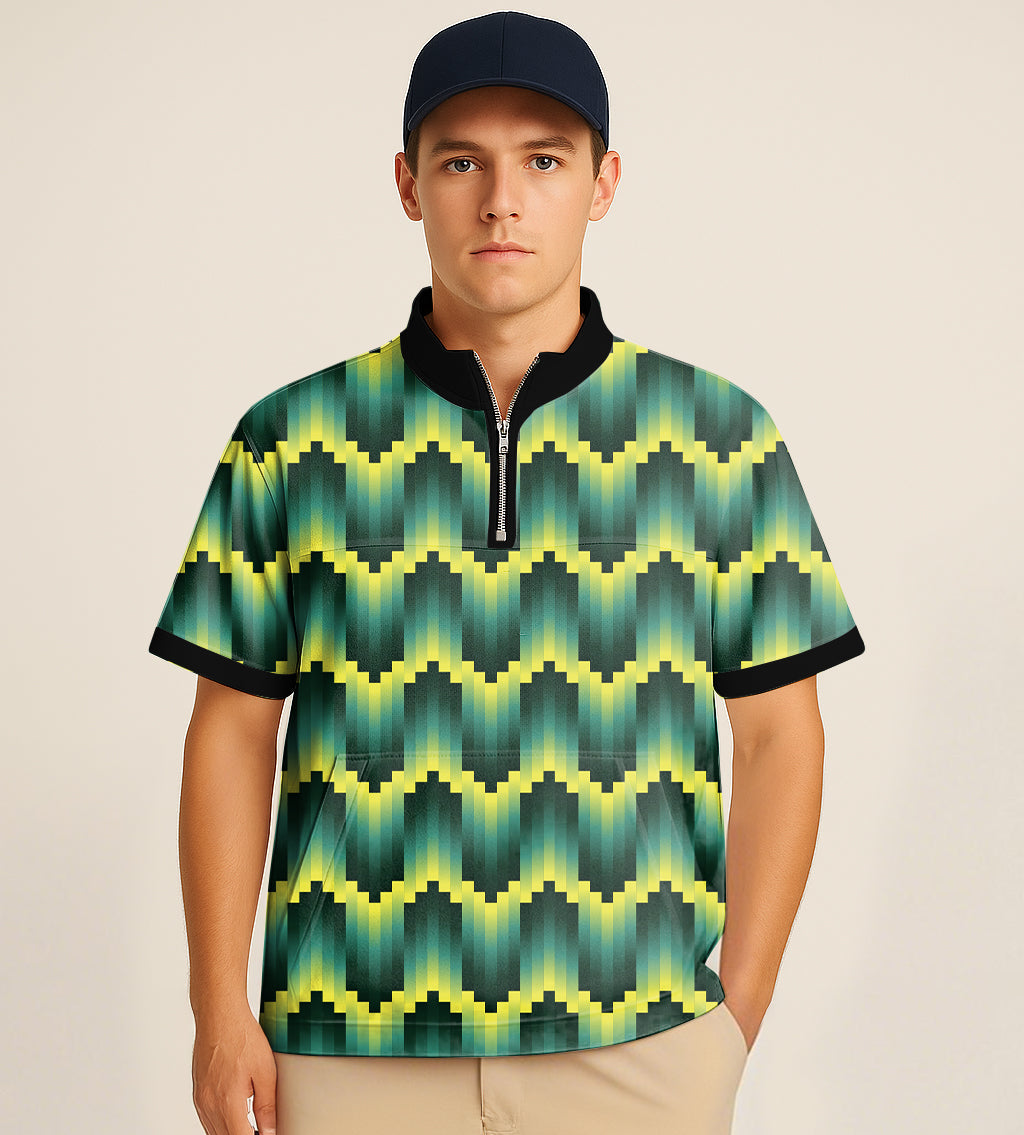 Green ripples half zipper turtleneck golf short shirt with custom embroidery