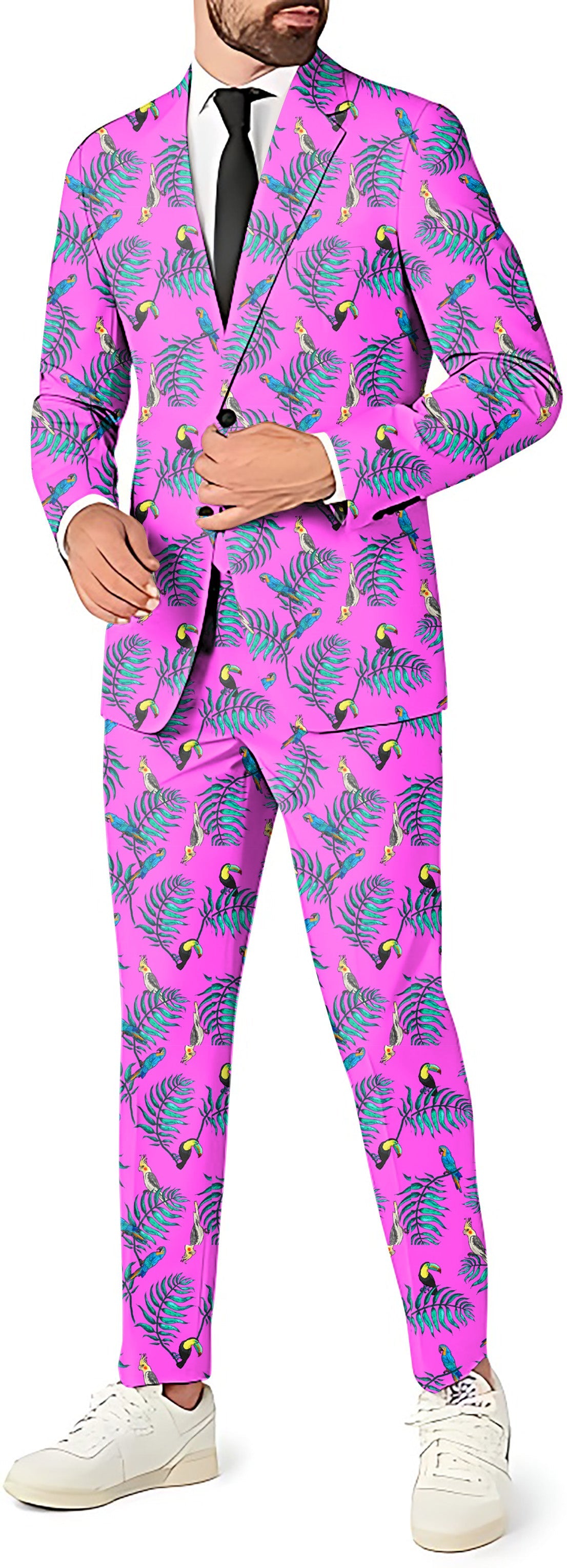Tropical Oasis men's party suit with pink blazer, pants, and vest featuring tropical leaf pattern.