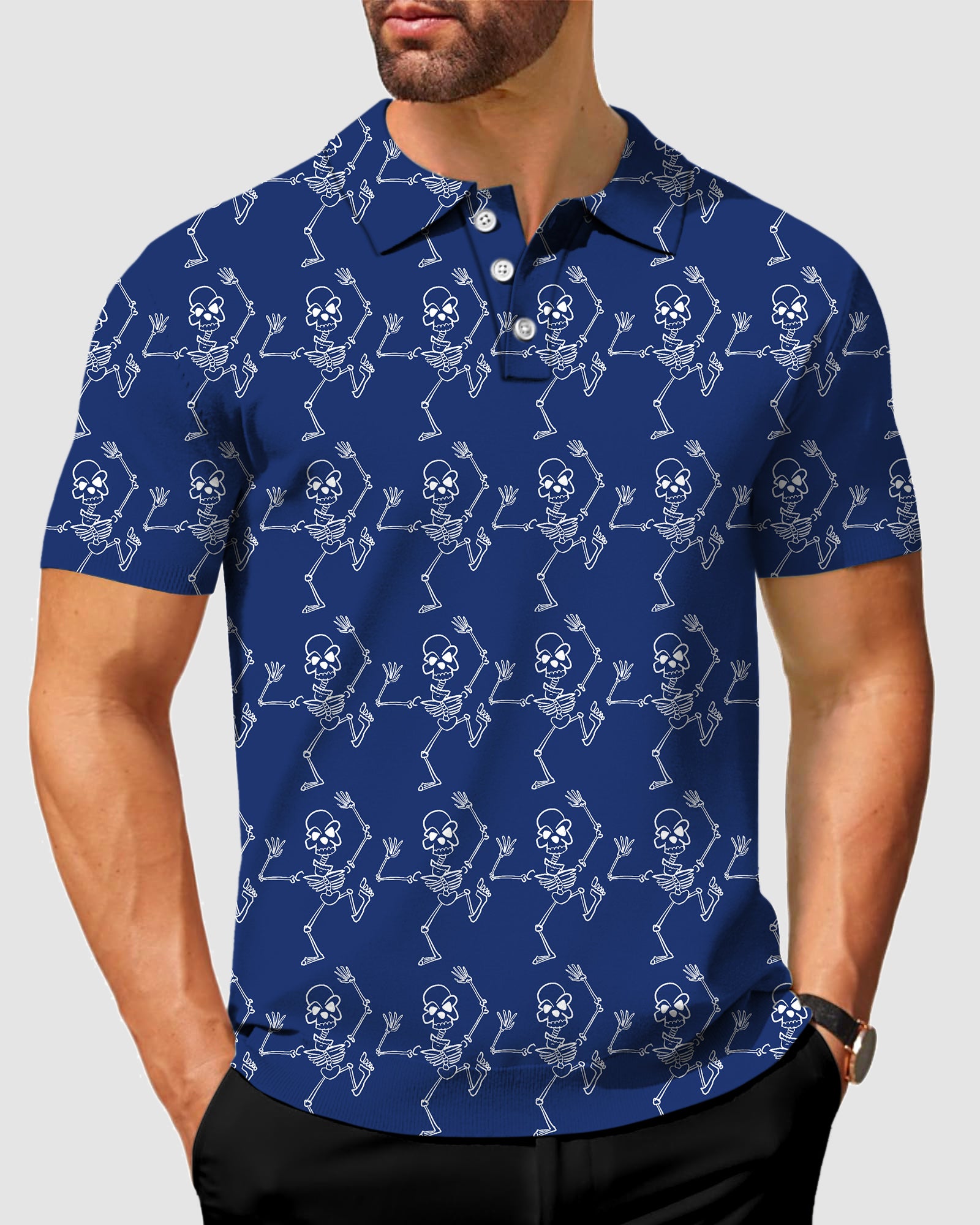 Men's Dancing Skelton Navy Designer style Sam’s Weird Studio Polo Sam’s Weird Studio