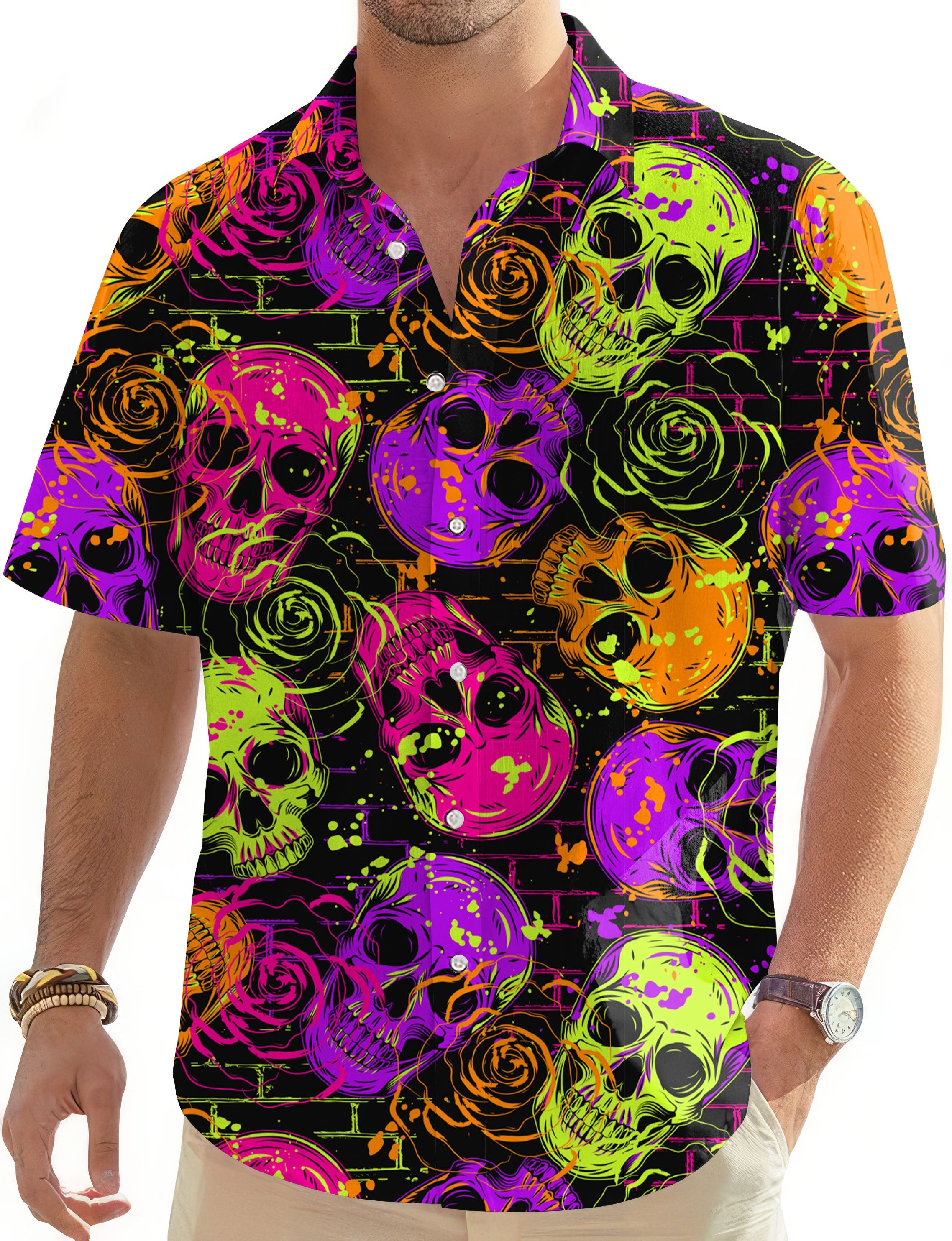 Men's Halloween Colors Skull Hawaiian shirt with vibrant skull and rose pattern, button-down short sleeve design