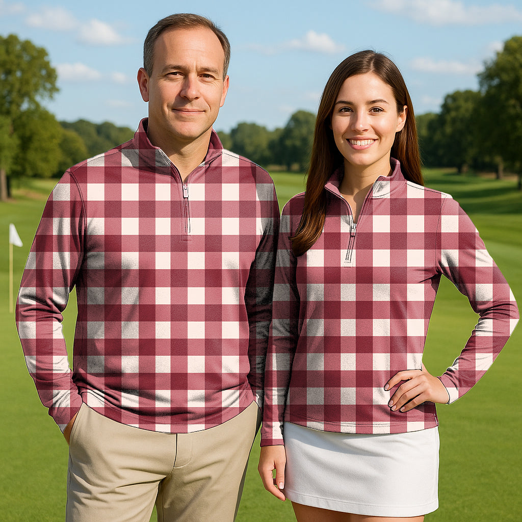Christmas red checkerboard Couple Golf Active 3/4 Zipper Top Long Sleeves