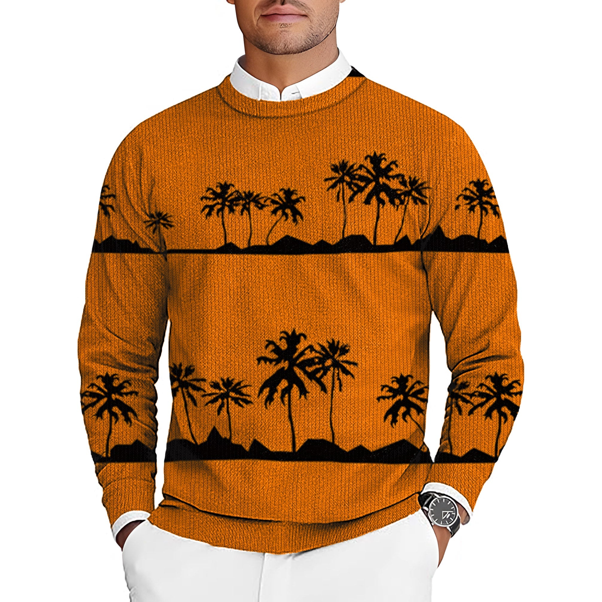 Men's golf pullover sweater with setting sun and coconut trees design