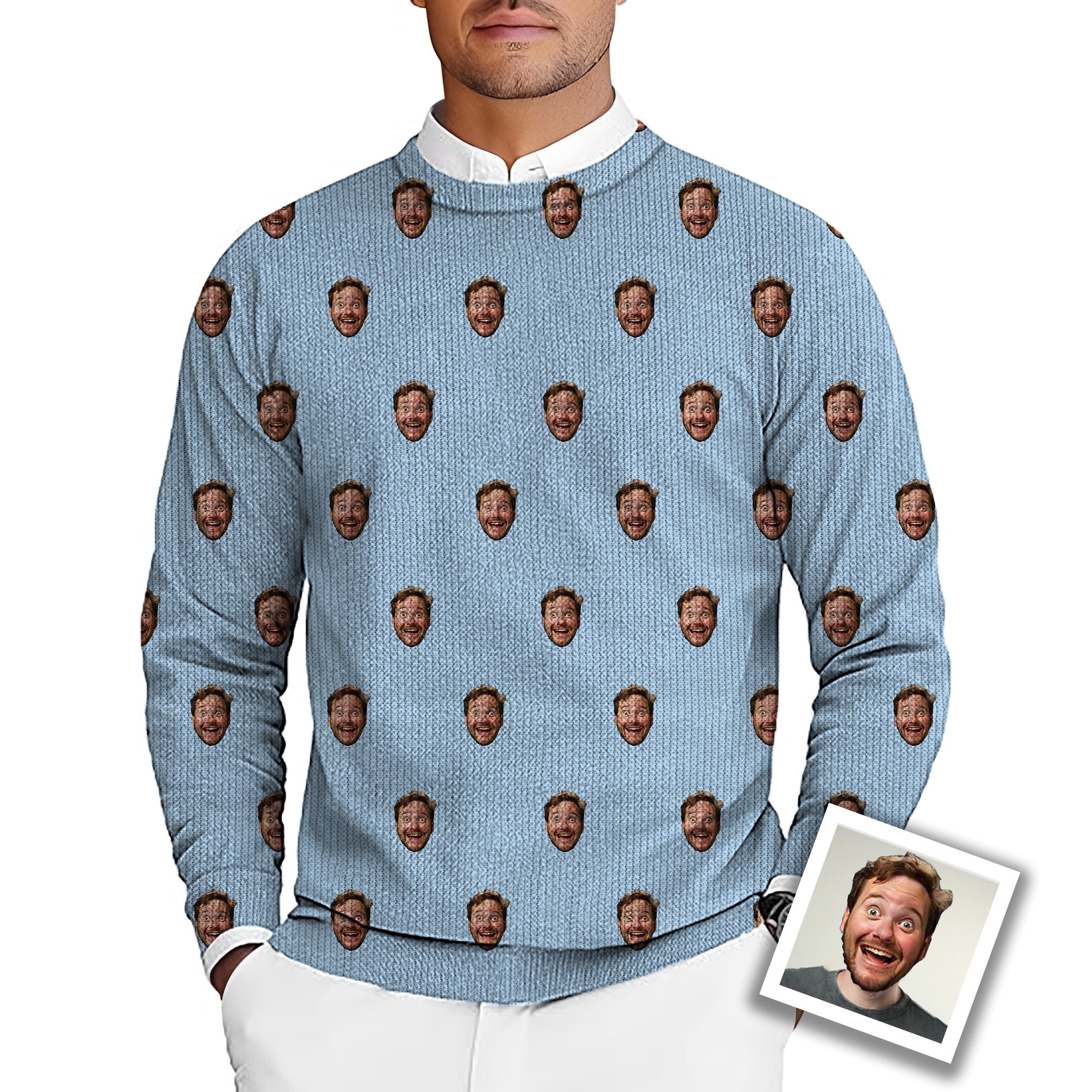Custom Photo Funny Face men's golf crewneck pullover sweater with personalized funny face pattern on blue background