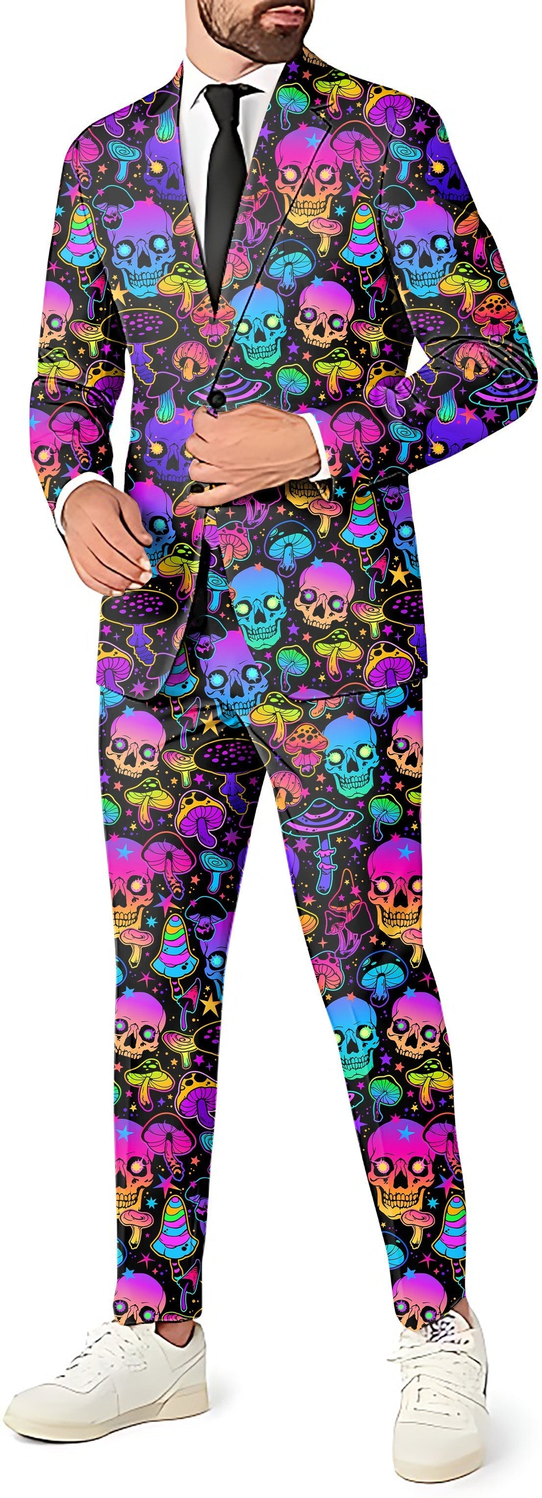 neon skull men's party costume blazer pants and vest set with colorful skull pattern