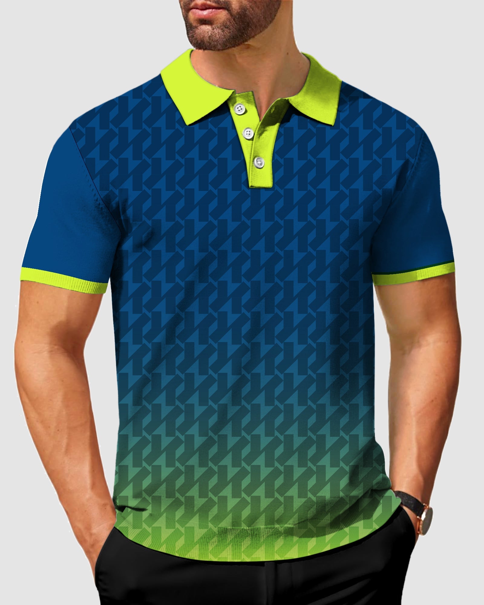 Men's green gradient custom sport team polo shirt with stretchy, moisture-wicking fabric and UPF 40+ protection