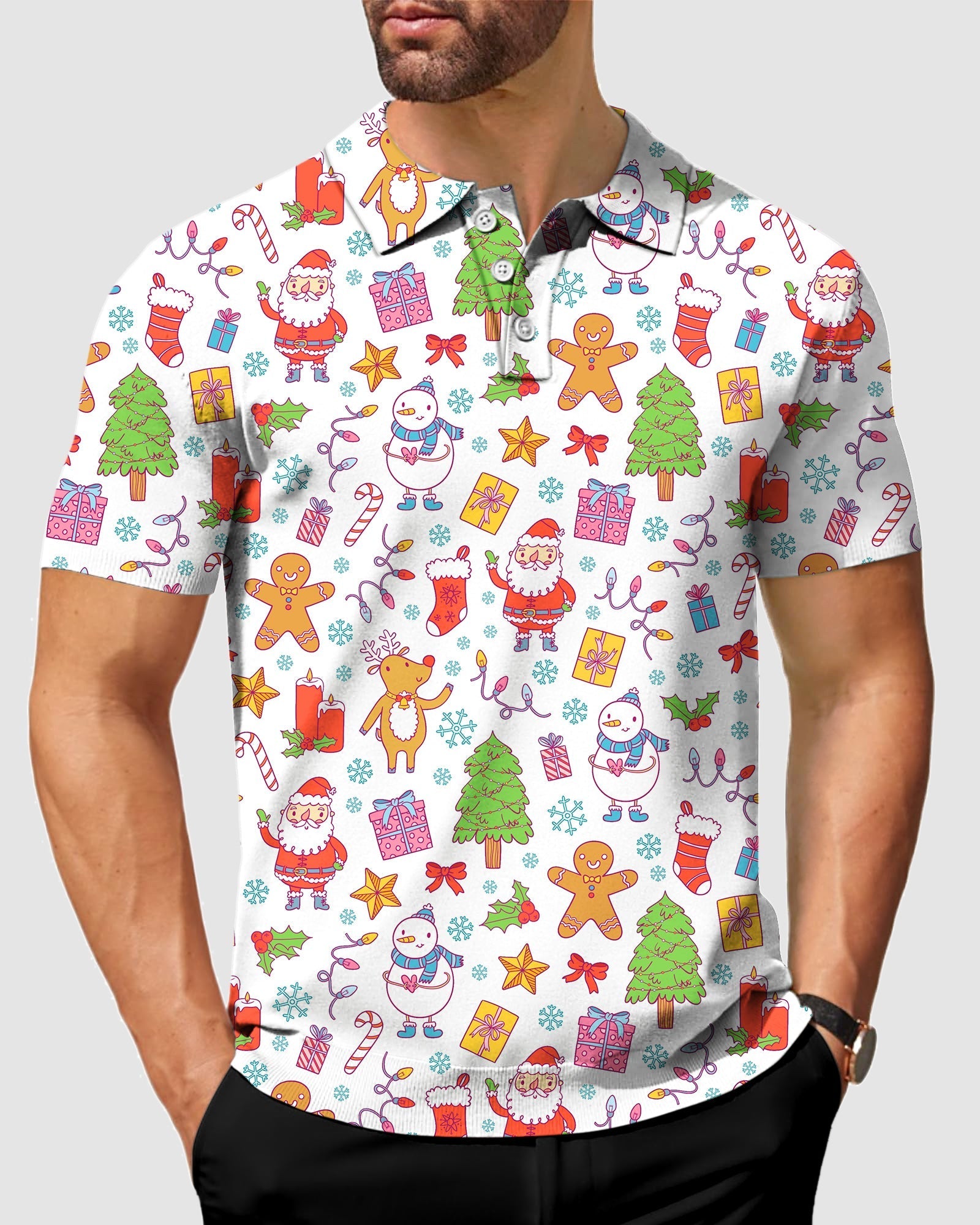 Men's Merry Christmas golf polo with festive holiday pattern, 4-way stretch, moisture-wicking fabric, and UPF 40+ sun protection