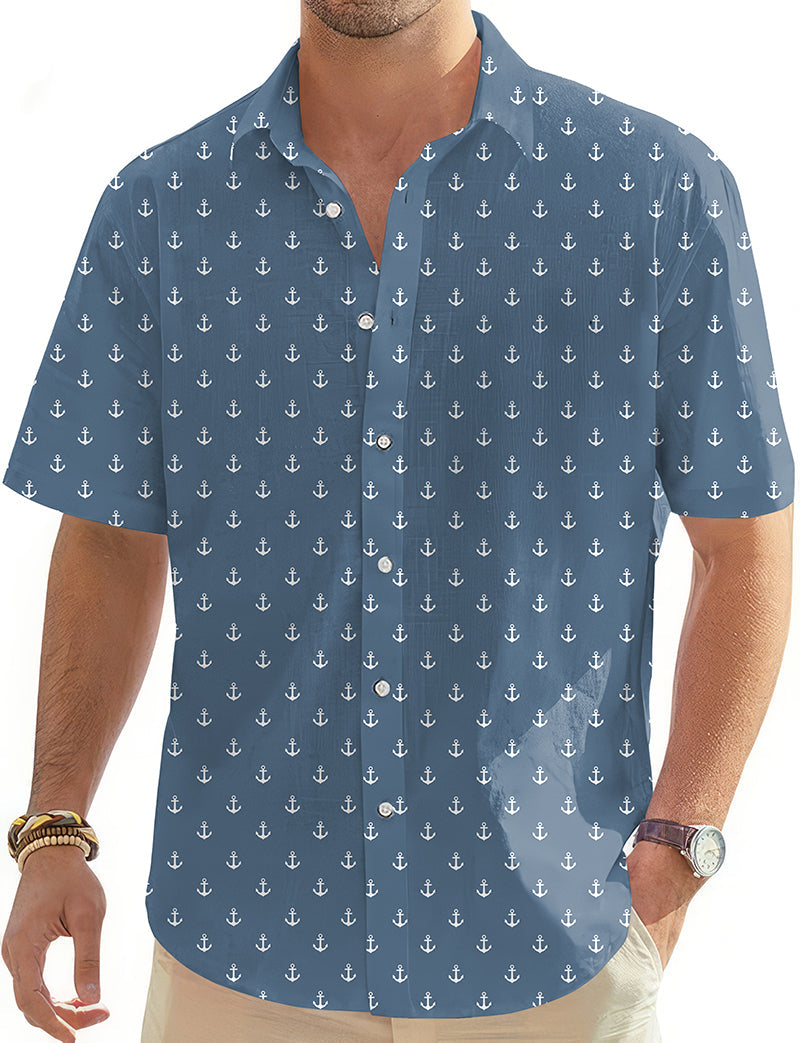 Gray blue anchor men's short sleeve button-down Hawaiian golf shirt