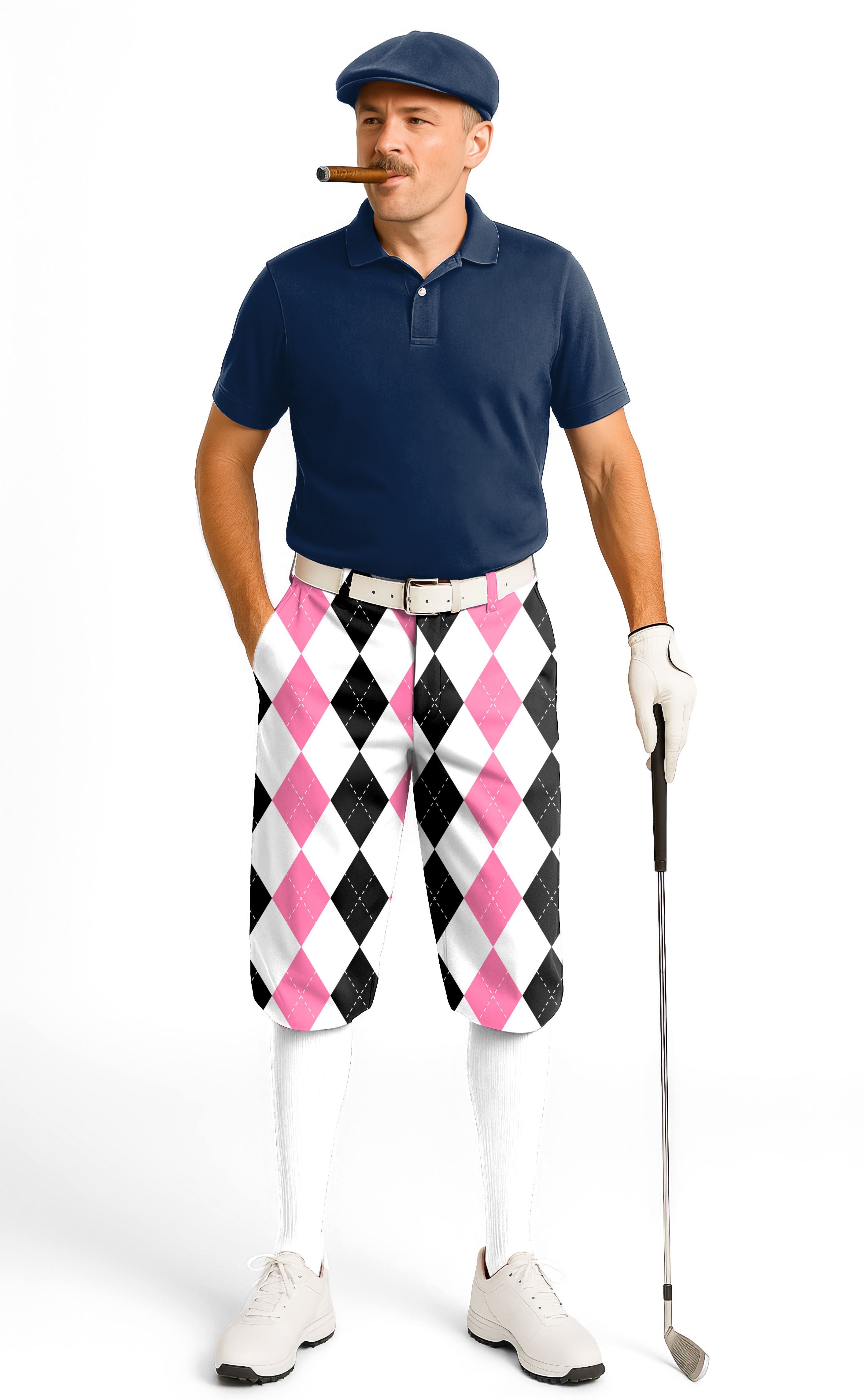 Men's golf knickers pants in pink and black argyle pattern with snug ankle cuffs and breathable fabric