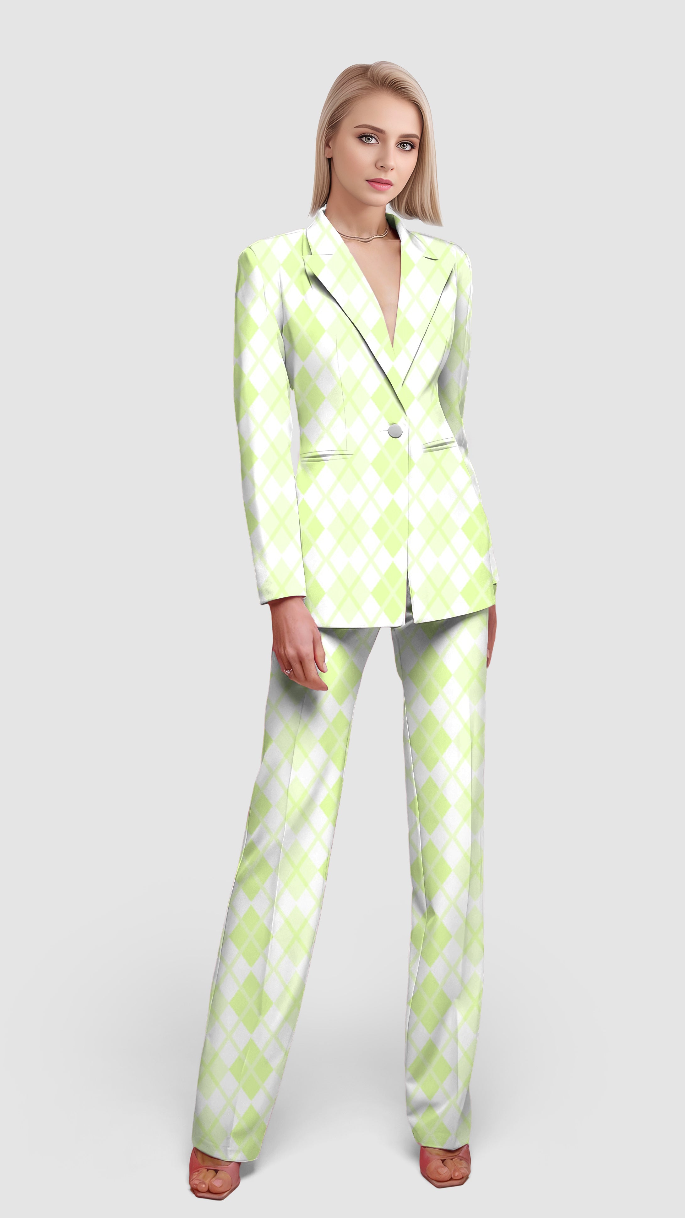 green grid-Women's Blazer Casual Work Office Blazer Suit set