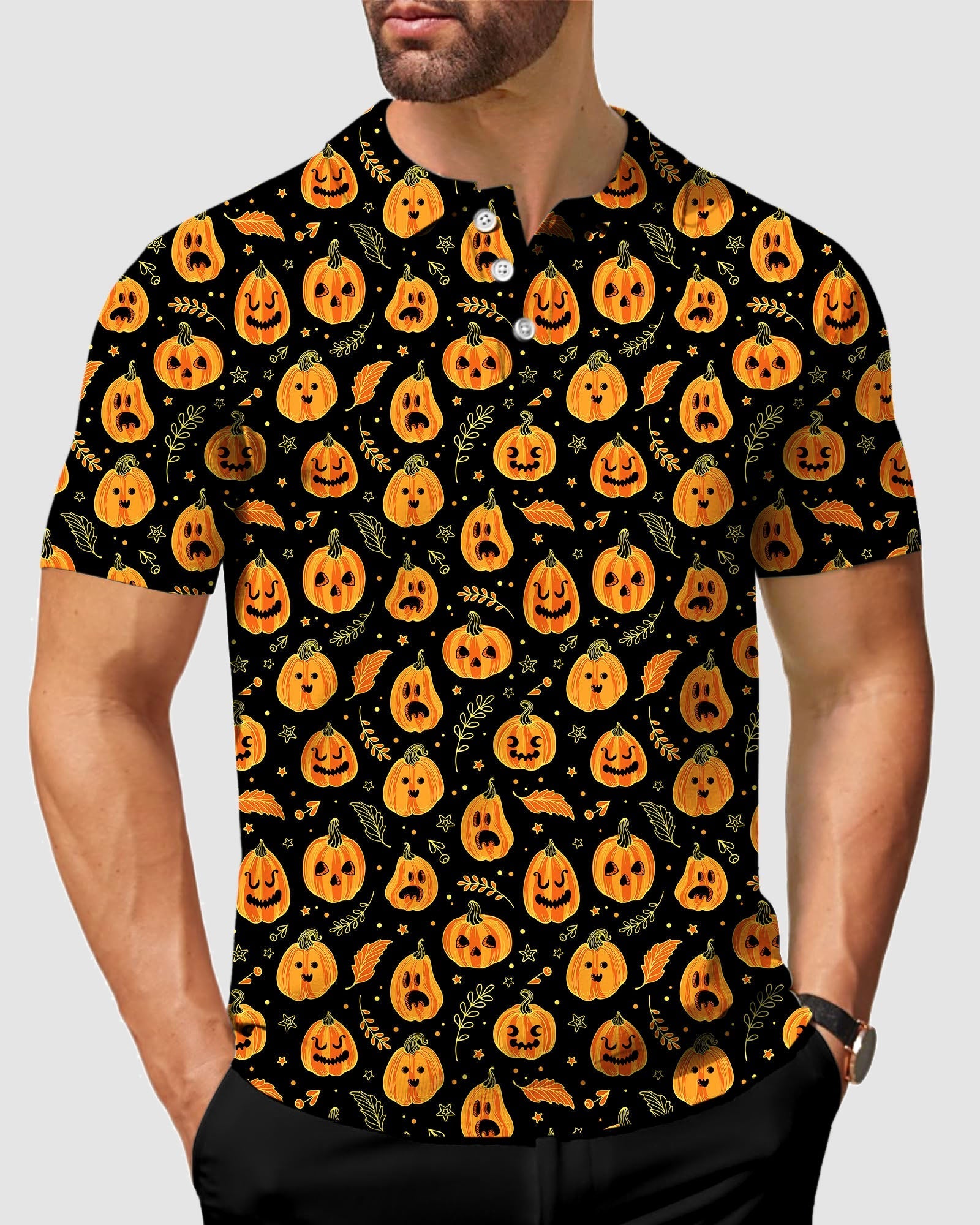 Men's Halloween Kawaii Pumpkin Bones Polo with stretchy, moisture-wicking fabric and pumpkin pattern