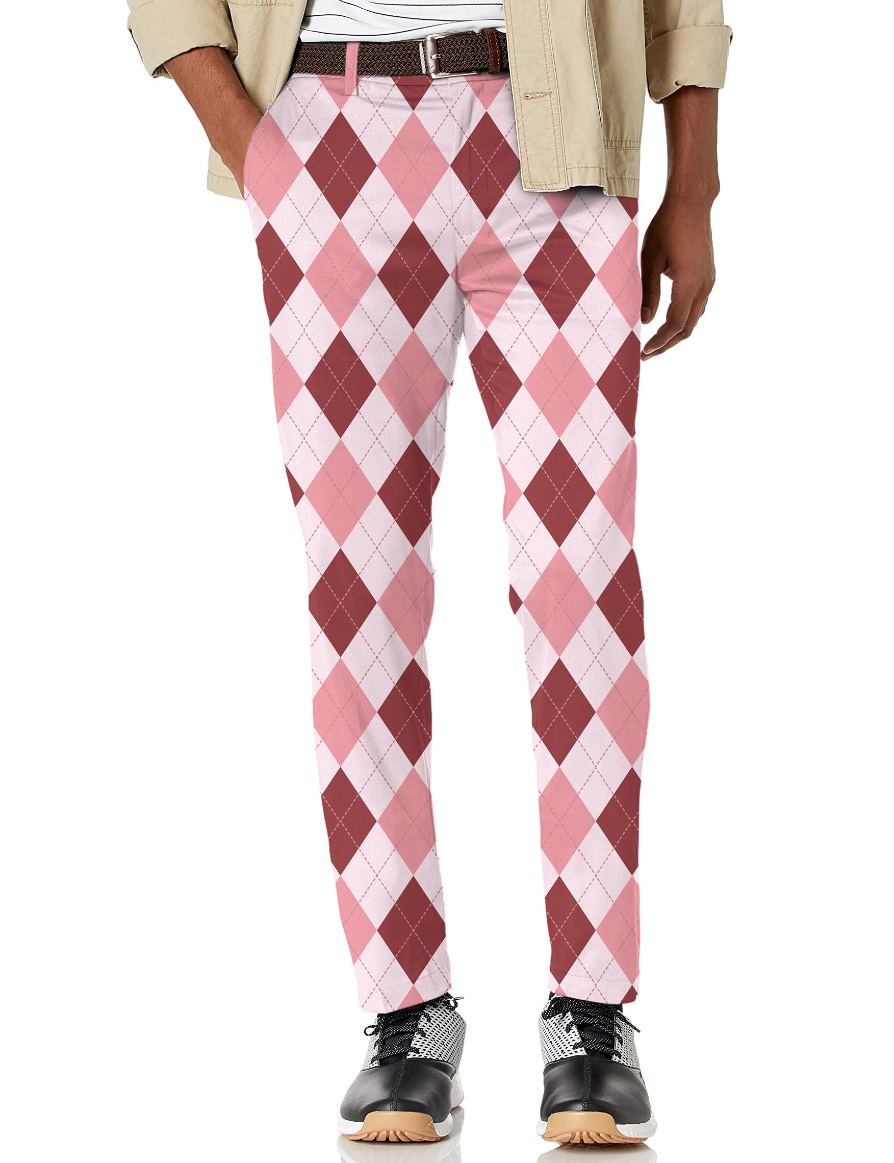 Men's pink argyle stretch golf pants with moisture-wicking performance fabric and shirt-gripping waistband