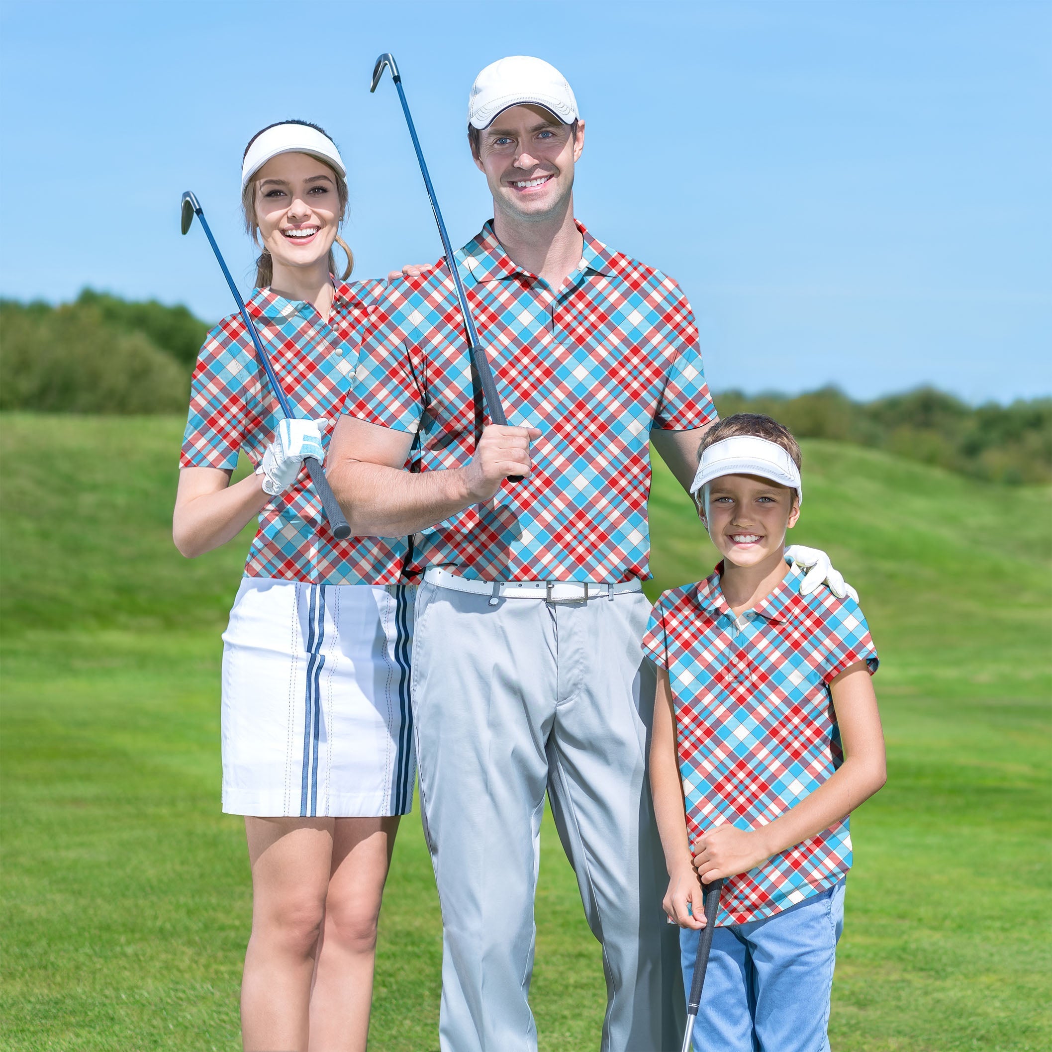 Family wearing matching red and blue argyle golf shirts on golf course for Golf Championship Trophy tournament