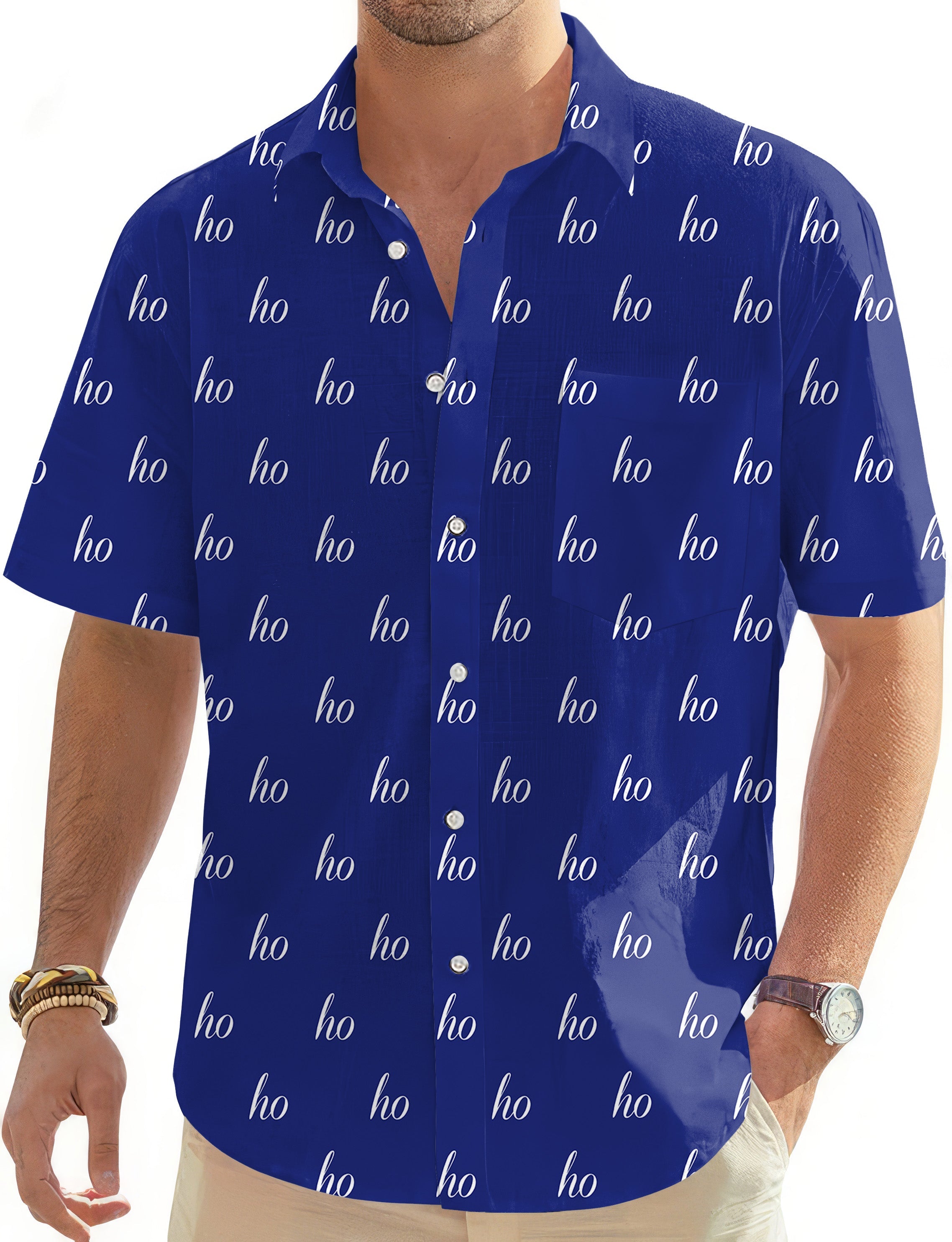 Blue custom name Christmas men's button down Hawaiian golf shirt with ho pattern