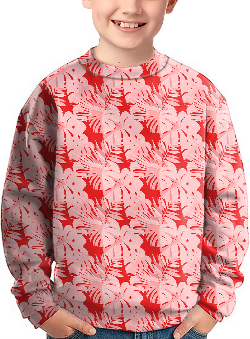 red tropical leaves and plants Crewneck Pullover Kids Ugly Sweater